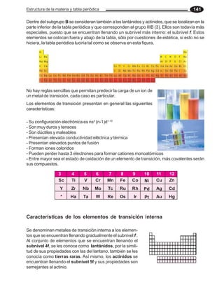 Estructura de la materia y tabla periódica 141
Dentro del subgrupo B se consideran también a los lantánidos y actínidos, que se localizan en la
parte inferior de la tabla periódica y que corresponden al grupo IIIB (3). Ellos son todavía más
especiales, puesto que se encuentran llenando un subnivel más interno: el subnivel f. Estos
elementos se colocan fuera y abajo de la tabla, sólo por cuestiones de estética, si esto no se
hiciera, la tabla periódica luciría tal como se observa en esta figura.
Características de los elementos de transición interna
Se denominan metales de transición interna a los elemen-
tos que se encuentran llenando gradualmente el subnivel f .
Al conjunto de elementos que se encuentran llenando el
subnivel 4f, se les conoce como lantánidos, por la simili-
tud de sus propiedades con las del lantano, también se les
conocía como tierras raras. Así mismo, los actínidos se
encuentran llenando el subnivel 5f y sus propiedades son
semejantes al actinio.
No hay reglas sencillas que permitan predecir la carga de un ion de
un metal de transición, cada caso es particular.
Los elementos de transición presentan en general las siguientes
características:
- Su configuración electrónica es ns2
(n-1)d1-10
- Son muy duros y tenaces
- Son dúctiles y maleables
- Presentan elevada conductividad eléctrica y térmica
- Presentan elevados puntos de fusión
- Forman iones coloridos
- Pueden perder hasta 3 electrones para formar cationes monoatómicos
- Entre mayor sea el estado de oxidación de un elemento de transición, más covalentes serán
sus compuestos.
Sc
Y
*
Ti
Zr
Ha
V
Nb
Ta
Cr
Mo
W
Mn
Tc
Re
Co
Rh
Ir
Ni
Pd
Pt
Cu
Ag
Au
Zn
Cd
Hg
Fe
Ru
Os
3 4 5 6 7 8 9 10 11 12
 