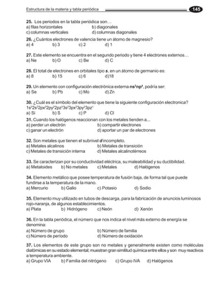 Estructura de la materia y tabla periódica 145
26. ¿Cuántos electrones de valencia tiene un átomo de magnesio?
a) 4 b) 3 c) 2 d) 1
27. Este elemento se encuentra en el segundo periodo y tiene 4 electrones externos…
a) Ne b) O c) Be d) C
28. El total de electrones en orbitales tipo s, en un átomo de germanio es:
a) 8 b) 15 c) 6 d)18
29. Un elemento con configuración electrónica externa ns2
np4
, podría ser:
a) Se b) Pb c) Mo d) Zn
30. ¿Cuál es el símbolo del elemento que tiene la siguiente configuración electronica?
1s2
2s2
2px2
2py2
2pz2
3s2
3px2
3py2
3pz1
a) Si b) S c) P d) Cl
31. Cuando los halógenos reaccionan con los metales tienden a...
a) perder un electrón b) compartir electrones
c) ganar un electrón d) aportar un par de electrones
32. Son metales que tienen el subnivel d incompleto.
a) Metales alcalinos b) Metales de transición
c) Metales de transición interna d) Metales alcalinotérreos
33. Se caracterizan por su conductividad eléctrica, su maleabilidad y su ductibilidad.
a) Metaloides b) No metales c) Metales d) Halógenos
34. Elemento metálico que posee temperatura de fusión baja, de forma tal que puede
fundirse a la temperatura de la mano.
a) Mercurio b) Galio c) Potasio d) Sodio
35. Elemento muy utilizado en tubos de descarga, para la fabricación de anuncios luminosos
rojo-naranja, de algunos establecimientos.
a) Plata b) Hidrógeno c) Neón d) Xenón
36. En la tabla periódica, el número que nos indica el nivel más externo de energía se
denomina:
a) Número de grupo b) Número de familia
c) Número de período d) Número de oxidación
37. Los elementos de este grupo son no metales y generalmente existen como moléculas
diatómicas en su estado elemental; muestran gran similitud química entre ellos y son muy reactivos
a temperatura ambiente.
a) Grupo VIA b) Familia del nitrógeno c) Grupo IVA d) Halógenos
25. Los periodos en la tabla periódica son…
a) filas horizontales b) diagonales
c) columnas verticales d) columnas diagonales
 