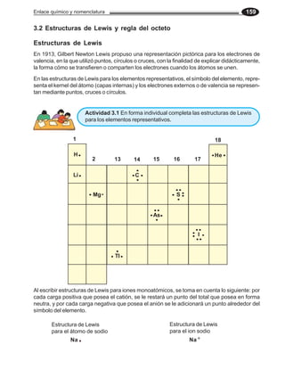 Enlace químico y nomenclatura 159
3.2 Estructuras de Lewis y regla del octeto
En 1913, Gilbert Newton Lewis propuso una representación pictórica para los electrones de
valencia, en la que utilizó puntos, círculos o cruces, con la finalidad de explicar didácticamente,
la forma cómo se transfieren o comparten los electrones cuando los átomos se unen.
Estructuras de Lewis
En las estructuras de Lewis para los elementos representativos, el símbolo del elemento, repre-
senta el kernel del átomo (capas internas) y los electrones externos o de valencia se represen-
tan mediante puntos, cruces o círculos.
Actividad 3.1 En forma individual completa las estructuras de Lewis
para los elementos representativos.
Al escribir estructuras de Lewis para iones monoatómicos, se toma en cuenta lo siguiente: por
cada carga positiva que posea el catión, se le restará un punto del total que posea en forma
neutra, y por cada carga negativa que posea el anión se le adicionará un punto alrededor del
símbolo del elemento.
Estructura de Lewis
para el átomo de sodio
Na
Estructura de Lewis
para el ion sodio
Na+
1
2 13 14 15 16 17
18
H
Li
Mg
Tl
C
As
S
I
He
 