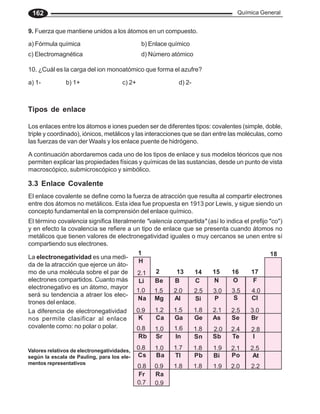 Química General
162
9. Fuerza que mantiene unidos a los átomos en un compuesto.
a) Fórmula química b) Enlace químico
c) Electromagnética d) Número atómico
Los enlaces entre los átomos e iones pueden ser de diferentes tipos: covalentes (simple, doble,
triple y coordinado), iónicos, metálicos y las interacciones que se dan entre las moléculas, como
las fuerzas de van der Waals y los enlace puente de hidrógeno.
A continuación abordaremos cada uno de los tipos de enlace y sus modelos téoricos que nos
permiten explicar las propiedades físicas y químicas de las sustancias, desde un punto de vista
macroscópico, submicroscópico y simbólico.
10. ¿Cuál es la carga del ion monoatómico que forma el azufre?
a) 1- b) 1+ c) 2+ d) 2-
Tipos de enlace
3.3 Enlace Covalente
El término covalencia significa literalmente "valencia compartida" (así lo indica el prefijo "co")
y en efecto la covalencia se refiere a un tipo de enlace que se presenta cuando átomos no
metálicos que tienen valores de electronegatividad iguales o muy cercanos se unen entre sí
compartiendo sus electrones.
El enlace covalente se define como la fuerza de atracción que resulta al compartir electrones
entre dos átomos no metálicos. Esta idea fue propuesta en 1913 por Lewis, y sigue siendo un
concepto fundamental en la comprensión del enlace químico.
La diferencia de electronegatividad
nos permite clasificar al enlace
covalente como: no polar o polar.
La electronegatividad es una medi-
da de la atracción que ejerce un áto-
mo de una molécula sobre el par de
electrones compartidos. Cuanto más
electronegativo es un átomo, mayor
será su tendencia a atraer los elec-
trones del enlace.
1
2 13 14 15 16 17
18
H
Li
Mg
C
As
S
Br
2.1
1.0
Na
K
Rb
Cs
0.9
0.8
0.8
0.8
Fr
0.7
Be
Ca
Sr
Ba
Ra
1.5
1.2
1.0
1.0
0.9
0.9
B
Al
Ga
In
Tl
2.0
1.5
1.6
1.7
1.8
Si
Ge
Sn
Pb
2.5
1.8
1.8
1.8
1.8
N
P
Sb
Bi
3.0
2.1
2.0
1.9
1.9
O
Se
Te
Po
3.5
2.5
2.4
2.1
2.0
4.0
3.0
2.8
2.5
2.2
F
Cl
I
At
Valores relativos de electronegatividades,
según la escala de Pauling, para los ele-
mentos representativos
 