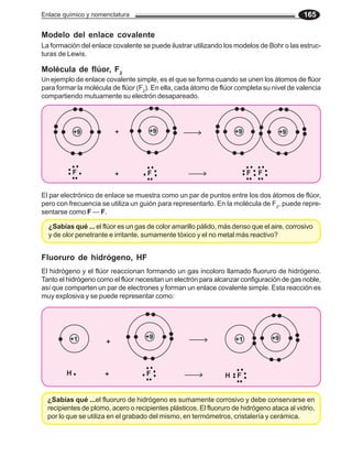 Enlace químico y nomenclatura 165
La formación del enlace covalente se puede ilustrar utilizando los modelos de Bohr o las estruc-
turas de Lewis.
Un ejemplo de enlace covalente simple, es el que se forma cuando se unen los átomos de flúor
para formar la molécula de flúor (F2
). En ella, cada átomo de flúor completa su nivel de valencia
compartiendo mutuamente su electrón desapareado.
El par electrónico de enlace se muestra como un par de puntos entre los dos átomos de flúor,
pero con frecuencia se utiliza un guión para representarlo. En la molécula de F2
, puede repre-
sentarse como F ___
F.
+
+
Modelo del enlace covalente
Fluoruro de hidrógeno, HF
Molécula de flúor, F2
El hidrógeno y el flúor reaccionan formando un gas incoloro llamado fluoruro de hidrógeno.
Tanto el hidrógeno como el flúor necesitan un electrón para alcanzar configuración de gas noble,
así que comparten un par de electrones y forman un enlace covalente simple. Esta reacción es
muy explosiva y se puede representar como:
+
+
¿Sabías qué ... el flúor es un gas de color amarillo pálido, más denso que el aire, corrosivo
y de olor penetrante e irritante, sumamente tóxico y el no metal más reactivo?
+9 +9 +9 +9
F F F
F
+1 +9 +9
+1
H F H F
¿Sabías qué ...el fluoruro de hidrógeno es sumamente corrosivo y debe conservarse en
recipientes de plomo, acero o recipientes plásticos. El fluoruro de hidrógeno ataca al vidrio,
por lo que se utiliza en el grabado del mismo, en termómetros, cristalería y cerámica.
 