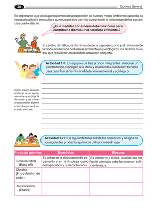 Química General
20
Actividad 1.6 En equipos de tres a cinco integrantes elaboren un
escrito donde expongan sus ideas y las medidas que deben tomarse
para contribuir a disminuir el deterioro ambiental y ecológico.
Es importante que todos participemos en la protección de nuestro medio ambiente; para ello es
necesario adquirir una cultura química que nos permita comprender la naturaleza de las sustan-
cias que lo alteran.
Como equipo deberán
nombrar a un repre-
sentante que dirija la
discusión y de mane-
ra colaborativa elabore
el escrito que será ex-
puesto en clase.
Sosa cáustica
(Easy-off)
Se utiliza en la elaboración de pe-
gamento y en la limpieza como
destapacaños y quitacochambre.
Es corrosivo y tóxico, cuando cae en
la piel o en ojos debe lavarse con sufi-
ciente agua.
Cloralex
(Hipoclorito de
sodio)
Alcohol etílico
(Etanol)
Actividad 1.7 En la siguiente tabla enlista los beneficios y riesgos de
los siguientes productos químicos utilizados en el hogar
El cambio climático, la disminución de la capa de ozono y el retroceso de
la biodiversidad son problemas ambientales y ecológicos, de alcance mun-
dial que requieren una decidida actuación conjunta.
¿Qué medidas consideras debemos tomar para
contribuir a disminuir el deterioro ambiental?
Producto químico Beneficios Riesgos
 