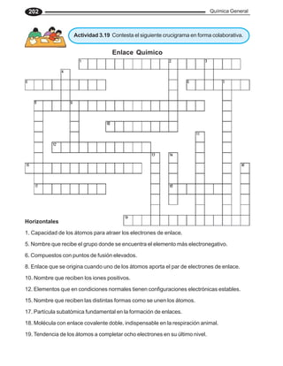 Química General
202
Horizontales
1. Capacidad de los átomos para atraer los electrones de enlace.
5. Nombre que recibe el grupo donde se encuentra el elemento más electronegativo.
6. Compuestos con puntos de fusión elevados.
8. Enlace que se origina cuando uno de los átomos aporta el par de electrones de enlace.
10. Nombre que reciben los iones positivos.
12. Elementos que en condiciones normales tienen configuraciones electrónicas estables.
15. Nombre que reciben las distintas formas como se unen los átomos.
17. Partícula subatómica fundamental en la formación de enlaces.
18. Molécula con enlace covalente doble, indispensable en la respiración animal.
19. Tendencia de los átomos a completar ocho electrones en su último nivel.
Actividad 3.19 Contesta el siguiente crucigrama en forma colaborativa.
Enlace Químico
 
