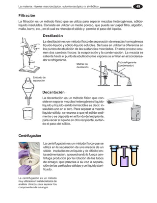 La materia: niveles macroscópico, submicroscópico y simbólico 49
Filtración
La filtración es un método físico que se utiliza para separar mezclas heterogéneas, sólido-
líquido insolubles. Consiste en utilizar un medio poroso, que puede ser papel filtro, algodón,
malla, barro, etc., en el cual es retenido el sólido y permite el paso del líquido.
Destilación
La destilación es un método físico de separación de mezclas homogéneas
líquido-líquido y sólido-líquido solubles. Se basa en utilizar la diferencia en
los puntos de ebullición de las sustancias mezcladas. En este proceso ocu-
rren dos cambios físicos: la evaporación y la condensación. La mezcla se
calienta hasta el punto de ebullición y los vapores se enfrían en el condensa-
dor o refrigerante.
Tubo refrigerante
(condensador)
Matraz de
destilación
Decantación
La decantación es un método físico que con-
siste en separar mezclas heterogéneas líquido-
líquido y líquido-sólido inmiscibles es decir, in-
solubles uno en el otro. Para separar la mezcla
líquido-sólido, se espera a que el sólido sedi-
mente o se deposite en el fondo del recipiente,
para vaciar el líquido en otro recipiente, evitan-
do el paso del sólido.
Embudo de
separación
Centrifugación
La centrifugación es un método físico que se
utiliza en la separación de una mezcla de un
sólido insoluble en un líquido y de difícil o len-
ta sedimentación, aprovechando la fuerza cen-
trífuga producida por la rotación de los tubos
de ensayo, que provoca a su vez la separa-
ción de las partículas sólidas y un líquido clari-
ficado.
La centrifugación es un método
muy utilizado en los laboratorios de
análisis clínicos para separar los
componentes de la sangre.
 