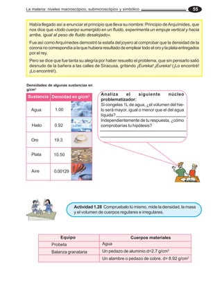 La materia: niveles macroscópico, submicroscópico y simbólico 55
Había llegado así a enunciar el principio que lleva su nombre: Principio deArquímides, que
nos dice que «todo cuerpo sumergido en un fluido, experimenta un empuje vertical y hacia
arriba, igual al peso de fluido desalojado».
Fue así comoArquímedes demostró la estafa del joyero al comprobar que la densidad de la
corona no correspondía a la que hubiera resultado de emplear todo el oro y la plata entregados
por el rey.
Pero se dice que fue tanta su alegría por haber resuelto el problema, que sin pensarlo salió
desnudo de la bañera a las calles de Siracusa, gritando ¡Eureka! ¡Eureka! (¡Lo encontré!
¡Lo encontré!).
Densidades de algunas sustancias en
g/cm3
Agua
Hielo
Oro
Plata
Aire
1.00
0.92
19.3
10.50
0.00129
Sustancia Densidad en g/cm3 Analiza el siguiente núcleo
problematizador:
Si congelas 1L de agua, ¿el volumen del hie-
lo será mayor, igual o menor que el del agua
líquida?
Independientemente de tu respuesta, ¿cómo
comprobarías tu hipótesis?
Actividad 1.28 Compruebalo tú mismo, mide la densidad, la masa
y el volumen de cuerpos regulares e irregulares.
Equipo Cuerpos materiales
Probeta
Balanza granataria
Agua
Un pedazo de aluminio.d=2.7 g/cm3
Un alambre o pedazo de cobre. d= 8.92 g/cm3
 