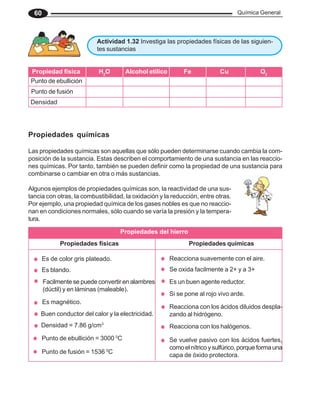 Química General
60
Actividad 1.32 Investiga las propiedades físicas de las siguien-
tes sustancias
Fe Cu
Propiedad física H2
O Alcohol etílico
Punto de ebullición
Punto de fusión
Densidad
O2
Propiedades químicas
Las propiedades químicas son aquellas que sólo pueden determinarse cuando cambia la com-
posición de la sustancia. Estas describen el comportamiento de una sustancia en las reaccio-
nes químicas. Por tanto, también se pueden definir como la propiedad de una sustancia para
combinarse o cambiar en otra o más sustancias.
Algunos ejemplos de propiedades químicas son, la reactividad de una sus-
tancia con otras, la combustibilidad, la oxidación y la reducción, entre otras.
Por ejemplo, una propiedad química de los gases nobles es que no reaccio-
nan en condiciones normales, sólo cuando se varía la presión y la tempera-
tura.
1234567890123456789012345678901212345678901234567890123456789012123456789012345678901234567890121234567890123456789012345678901212345678901234567
1234567890123456789012345678901212345678901234567890123456789012123456789012345678901234567890121234567890123456789012345678901212345678901234567
1234567890123456789012345678901212345678901234567890123456789012123456789012345678901234567890121234567890123456789012345678901212345678901234567
1234567890123456789012345678901212345678901234567890123456789012123456789012345678901234567890121234567890123456789012345678901212345678901234567
1234567890123456789012345678901212345678901234567890123456789012123456789012345678901234567890121234567890123456789012345678901212345678901234567
1234567890123456789012345678901212345678901234567890123456789012123456789012345678901234567890121234567890123456789012345678901212345678901234567
1234567890123456789012345678901212345678901234567890123456789012123456789012345678901234567890121234567890123456789012345678901212345678901234567
1234567890123456789012345678901212345678901234567890123456789012123456789012345678901234567890121234567890123456789012345678901212345678901234567
1234567890123456789012345678901212345678901234567890123456789012123456789012345678901234567890121234567890123456789012345678901212345678901234567
1234567890123456789012345678901212345678901234567890123456789012123456789012345678901234567890121234567890123456789012345678901212345678901234567
1234567890123456789012345678901212345678901234567890123456789012123456789012345678901234567890121234567890123456789012345678901212345678901234567
1234567890123456789012345678901212345678901234567890123456789012123456789012345678901234567890121234567890123456789012345678901212345678901234567
1234567890123456789012345678901212345678901234567890123456789012123456789012345678901234567890121234567890123456789012345678901212345678901234567
1234567890123456789012345678901212345678901234567890123456789012123456789012345678901234567890121234567890123456789012345678901212345678901234567
1234567890123456789012345678901212345678901234567890123456789012123456789012345678901234567890121234567890123456789012345678901212345678901234567
1234567890123456789012345678901212345678901234567890123456789012123456789012345678901234567890121234567890123456789012345678901212345678901234567
1234567890123456789012345678901212345678901234567890123456789012123456789012345678901234567890121234567890123456789012345678901212345678901234567
1234567890123456789012345678901212345678901234567890123456789012123456789012345678901234567890121234567890123456789012345678901212345678901234567
1234567890123456789012345678901212345678901234567890123456789012123456789012345678901234567890121234567890123456789012345678901212345678901234567
1234567890123456789012345678901212345678901234567890123456789012123456789012345678901234567890121234567890123456789012345678901212345678901234567
1234567890123456789012345678901212345678901234567890123456789012123456789012345678901234567890121234567890123456789012345678901212345678901234567
1234567890123456789012345678901212345678901234567890123456789012123456789012345678901234567890121234567890123456789012345678901212345678901234567
1234567890123456789012345678901212345678901234567890123456789012123456789012345678901234567890121234567890123456789012345678901212345678901234567
1234567890123456789012345678901212345678901234567890123456789012123456789012345678901234567890121234567890123456789012345678901212345678901234567
1234567890123456789012345678901212345678901234567890123456789012123456789012345678901234567890121234567890123456789012345678901212345678901234567
1234567890123456789012345678901212345678901234567890123456789012123456789012345678901234567890121234567890123456789012345678901212345678901234567
1234567890123456789012345678901212345678901234567890123456789012123456789012345678901234567890121234567890123456789012345678901212345678901234567
1234567890123456789012345678901212345678901234567890123456789012123456789012345678901234567890121234567890123456789012345678901212345678901234567
1234567890123456789012345678901212345678901234567890123456789012123456789012345678901234567890121234567890123456789012345678901212345678901234567
1234567890123456789012345678901212345678901234567890123456789012123456789012345678901234567890121234567890123456789012345678901212345678901234567
1234567890123456789012345678901212345678901234567890123456789012123456789012345678901234567890121234567890123456789012345678901212345678901234567
1234567890123456789012345678901212345678901234567890123456789012123456789012345678901234567890121234567890123456789012345678901212345678901234567
1234567890123456789012345678901212345678901234567890123456789012123456789012345678901234567890121234567890123456789012345678901212345678901234567
1234567890123456789012345678901212345678901234567890123456789012123456789012345678901234567890121234567890123456789012345678901212345678901234567
1234567890123456789012345678901212345678901234567890123456789012123456789012345678901234567890121234567890123456789012345678901212345678901234567
1234567890123456789012345678901212345678901234567890123456789012123456789012345678901234567890121234567890123456789012345678901212345678901234567
1234567890123456789012345678901212345678901234567890123456789012123456789012345678901234567890121234567890123456789012345678901212345678901234567
1234567890123456789012345678901212345678901234567890123456789012123456789012345678901234567890121234567890123456789012345678901212345678901234567
1234567890123456789012345678901212345678901234567890123456789012123456789012345678901234567890121234567890123456789012345678901212345678901234567
1234567890123456789012345678901212345678901234567890123456789012123456789012345678901234567890121234567890123456789012345678901212345678901234567
1234567890123456789012345678901212345678901234567890123456789012123456789012345678901234567890121234567890123456789012345678901212345678901234567
1234567890123456789012345678901212345678901234567890123456789012123456789012345678901234567890121234567890123456789012345678901212345678901234567
1234567890123456789012345678901212345678901234567890123456789012123456789012345678901234567890121234567890123456789012345678901212345678901234567
1234567890123456789012345678901212345678901234567890123456789012123456789012345678901234567890121234567890123456789012345678901212345678901234567
1234567890123456789012345678901212345678901234567890123456789012123456789012345678901234567890121234567890123456789012345678901212345678901234567
1234567890123456789012345678901212345678901234567890123456789012123456789012345678901234567890121234567890123456789012345678901212345678901234567
1234567890123456789012345678901212345678901234567890123456789012123456789012345678901234567890121234567890123456789012345678901212345678901234567
1234567890123456789012345678901212345678901234567890123456789012123456789012345678901234567890121234567890123456789012345678901212345678901234567
1234567890123456789012345678901212345678901234567890123456789012123456789012345678901234567890121234567890123456789012345678901212345678901234567
1234567890123456789012345678901212345678901234567890123456789012123456789012345678901234567890121234567890123456789012345678901212345678901234567
1234567890123456789012345678901212345678901234567890123456789012123456789012345678901234567890121234567890123456789012345678901212345678901234567
1234567890123456789012345678901212345678901234567890123456789012123456789012345678901234567890121234567890123456789012345678901212345678901234567
1234567890123456789012345678901212345678901234567890123456789012123456789012345678901234567890121234567890123456789012345678901212345678901234567
1234567890123456789012345678901212345678901234567890123456789012123456789012345678901234567890121234567890123456789012345678901212345678901234567
1234567890123456789012345678901212345678901234567890123456789012123456789012345678901234567890121234567890123456789012345678901212345678901234567
1234567890123456789012345678901212345678901234567890123456789012123456789012345678901234567890121234567890123456789012345678901212345678901234567
1234567890123456789012345678901212345678901234567890123456789012123456789012345678901234567890121234567890123456789012345678901212345678901234567
1234567890123456789012345678901212345678901234567890123456789012123456789012345678901234567890121234567890123456789012345678901212345678901234567
1234567890123456789012345678901212345678901234567890123456789012123456789012345678901234567890121234567890123456789012345678901212345678901234567
1234567890123456789012345678901212345678901234567890123456789012123456789012345678901234567890121234567890123456789012345678901212345678901234567
1234567890123456789012345678901212345678901234567890123456789012123456789012345678901234567890121234567890123456789012345678901212345678901234567
1234567890123456789012345678901212345678901234567890123456789012123456789012345678901234567890121234567890123456789012345678901212345678901234567
1234567890123456789012345678901212345678901234567890123456789012123456789012345678901234567890121234567890123456789012345678901212345678901234567
1234567890123456789012345678901212345678901234567890123456789012123456789012345678901234567890121234567890123456789012345678901212345678901234567
1234567890123456789012345678901212345678901234567890123456789012123456789012345678901234567890121234567890123456789012345678901212345678901234567
1234567890123456789012345678901212345678901234567890123456789012123456789012345678901234567890121234567890123456789012345678901212345678901234567
1234567890123456789012345678901212345678901234567890123456789012123456789012345678901234567890121234567890123456789012345678901212345678901234567
1234567890123456789012345678901212345678901234567890123456789012123456789012345678901234567890121234567890123456789012345678901212345678901234567
1234567890123456789012345678901212345678901234567890123456789012123456789012345678901234567890121234567890123456789012345678901212345678901234567
1234567890123456789012345678901212345678901234567890123456789012123456789012345678901234567890121234567890123456789012345678901212345678901234567
1234567890123456789012345678901212345678901234567890123456789012123456789012345678901234567890121234567890123456789012345678901212345678901234567
1234567890123456789012345678901212345678901234567890123456789012123456789012345678901234567890121234567890123456789012345678901212345678901234567
1234567890123456789012345678901212345678901234567890123456789012123456789012345678901234567890121234567890123456789012345678901212345678901234567
1234567890123456789012345678901212345678901234567890123456789012123456789012345678901234567890121234567890123456789012345678901212345678901234567
1234567890123456789012345678901212345678901234567890123456789012123456789012345678901234567890121234567890123456789012345678901212345678901234567
1234567890123456789012345678901212345678901234567890123456789012123456789012345678901234567890121234567890123456789012345678901212345678901234567
1234567890123456789012345678901212345678901234567890123456789012123456789012345678901234567890121234567890123456789012345678901212345678901234567
1234567890123456789012345678901212345678901234567890123456789012123456789012345678901234567890121234567890123456789012345678901212345678901234567
Propiedades del hierro
Propiedades físicas Propiedades químicas
Es de color gris plateado.
Facilmente se puede convertir en alambres
(dúctil) y en láminas (maleable).
Se oxida facilmente a 2+ y a 3+
Buen conductor del calor y la electricidad.
Densidad = 7.86 g/cm3
Es blando.
Punto de ebullición = 3000 0
C
Punto de fusión = 1536 0
C
Es magnético.
Es un buen agente reductor.
Si se pone al rojo vivo arde.
Reacciona suavemente con el aire.
Reacciona con los ácidos diluidos despla-
zando al hidrógeno.
Reacciona con los halógenos.
Se vuelve pasivo con los ácidos fuertes,
como el nítrico y sulfúrico, porque forma una
capa de óxido protectora.
 