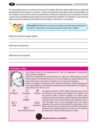 Química General
72
Actividad 2.3 Mediante una lluvia de ideas reconstruyan la definición
de átomo, elemento y compuesto según la teoría de J. Dalton.
Definición de átomo según Dalton:
Definición de elemento:
Definición de compuesto:
Es importante tener en cuenta que la teoría de Dalton describe adecuadamente lo mejor del
pensamiento de su tiempo, y que aún, cuando encontremos que algunos de sus postulados no
son válidos a la luz de los nuevos conocimientos. Debemos reconocer que sus teorías sirvieron
como punto de partida para la evolución del pensamiento científico. Por ejemplo, de la teoría de
Dalton podemos destacar las definiciones de átomo, elemento y compuesto.
Agua Amoníaco
Monóxido de carbono
A la edad de 26 años (1792), Dalton descubrió que ni él ni
su hermano eran capaces de distinguir los colores. Se
dió cuenta de ello, cuando le regaló a su madre unas
medias (que él creía azules) y ella le preguntó sorprendida
cuál era la razón por la que le daba unas medias de color
rojo escarlata, que no era apropiado para una mujer
cuáquera. En su primer artículo científico importante, John
Dalton proporcionó una descripción científica sobre este
fenómeno que posteriormente se conoció con el nombre
de daltonismo. Murió en Manchester en 1844.
Nitrógeno Carbono
Oxígeno
Conozca más...
John Dalton nació el 6 de septiembre de 1766, en Eaglesfield, Cumberland
(hoy Cumbria), Inglaterra.
Comenzó a desarrollar su teoría atómica en 1803 y en 1808 publicó su obra
Nuevo sistema de filosofía química, en el cual listaba las masas atómicas de
varios elementos conocidos en relación con la masa del hidrógeno.
Dalton se imaginó a los átomos como esferas compactas y utilizó pictogramas
para representarlos, pero además consideró que se combinaban en la relación
más simple, HO, NH, CO, etc.
Hidrógeno
Modelo atómico de Dalton
 