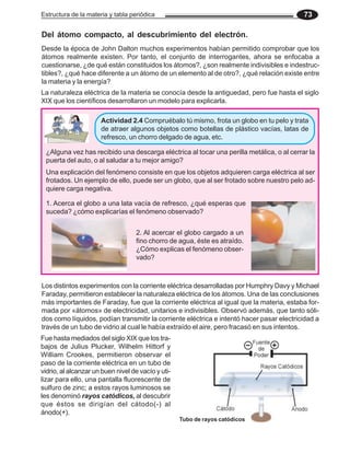 Estructura de la materia y tabla periódica 73
Del átomo compacto, al descubrimiento del electrón.
Desde la época de John Dalton muchos experimentos habían permitido comprobar que los
átomos realmente existen. Por tanto, el conjunto de interrogantes, ahora se enfocaba a
cuestionarse, ¿de qué están constituidos los átomos?, ¿son realmente indivisibles e indestruc-
tibles?, ¿qué hace diferente a un átomo de un elemento al de otro?, ¿qué relación existe entre
la materia y la energía?
La naturaleza eléctrica de la materia se conocía desde la antiguedad, pero fue hasta el siglo
XIX que los científicos desarrollaron un modelo para explicarla.
Fue hasta mediados del siglo XIX que los tra-
bajos de Julius Plucker, Wilhelm Hittorf y
William Crookes, permitieron observar el
paso de la corriente eléctrica en un tubo de
vidrio, al alcanzar un buen nivel de vacío y uti-
lizar para ello, una pantalla fluorescente de
sulfuro de zinc; a estos rayos luminosos se
les denominó rayos catódicos, al descubrir
que éstos se dirigían del cátodo(-) al
ánodo(+).
Los distintos experimentos con la corriente eléctrica desarrolladas por Humphry Davy y Michael
Faraday, permitieron establecer la naturaleza eléctrica de los átomos. Una de las conclusiones
más importantes de Faraday, fue que la corriente eléctrica al igual que la materia, estaba for-
mada por «átomos» de electricidad, unitarios e indivisibles. Observó además, que tanto sóli-
dos como líquidos, podían transmitir la corriente eléctrica e intentó hacer pasar electricidad a
través de un tubo de vidrio al cual le había extraído el aire, pero fracasó en sus intentos.
¿Alguna vez has recibido una descarga eléctrica al tocar una perilla metálica, o al cerrar la
puerta del auto, o al saludar a tu mejor amigo?
Actividad 2.4 Compruébalo tú mismo, frota un globo en tu pelo y trata
de atraer algunos objetos como botellas de plástico vacías, latas de
refresco, un chorro delgado de agua, etc.
1. Acerca el globo a una lata vacía de refresco, ¿qué esperas que
suceda? ¿cómo explicarías el fenómeno observado?
2. Al acercar el globo cargado a un
fino chorro de agua, éste es atraído.
¿Cómo explicas el fenómeno obser-
vado?
Tubo de rayos catódicos
Una explicación del fenómeno consiste en que los objetos adquieren carga eléctrica al ser
frotados. Un ejemplo de ello, puede ser un globo, que al ser frotado sobre nuestro pelo ad-
quiere carga negativa.
 