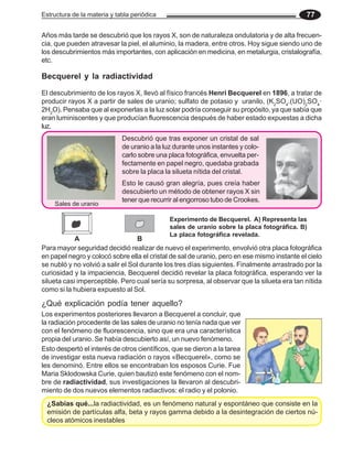 Estructura de la materia y tabla periódica 77
Años más tarde se descubrió que los rayos X, son de naturaleza ondulatoria y de alta frecuen-
cia, que pueden atravesar la piel, el aluminio, la madera, entre otros. Hoy sigue siendo uno de
los descubrimientos más importantes, con aplicación en medicina, en metalurgia, cristalografía,
etc.
Becquerel y la radiactividad
El descubrimiento de los rayos X, llevó al físico francés Henri Becquerel en 1896, a tratar de
producir rayos X a partir de sales de uranio; sulfato de potasio y uranilo, (K2
SO4
.(UO)2
SO4
·
2H2
O). Pensaba que al exponerlas a la luz solar podría conseguir su propósito, ya que sabía que
eran luminiscentes y que producían fluorescencia después de haber estado expuestas a dicha
luz.
Sales de uranio
Para mayor seguridad decidió realizar de nuevo el experimento, envolvió otra placa fotográfica
en papel negro y colocó sobre ella el cristal de sal de uranio, pero en ese mismo instante el cielo
se nubló y no volvió a salir el Sol durante los tres días siguientes. Finalmente arrastrado por la
curiosidad y la impaciencia, Becquerel decidió revelar la placa fotográfica, esperando ver la
silueta casi imperceptible. Pero cual sería su sorpresa, al observar que la silueta era tan nítida
como si la hubiera expuesto al Sol.
Experimento de Becquerel. A) Representa las
sales de uranio sobre la placa fotográfica. B)
La placa fotográfica revelada.
A B
¿Qué explicación podía tener aquello?
Los experimentos posteriores llevaron a Becquerel a concluir, que
la radiación procedente de las sales de uranio no tenía nada que ver
con el fenómeno de fluorescencia, sino que era una característica
propia del uranio. Se había descubierto así, un nuevo fenómeno.
Esto despertó el interés de otros científicos, que se dieron a la tarea
de investigar esta nueva radiación o rayos «Becquerel», como se
les denominó. Entre ellos se encontraban los esposos Curie. Fue
Maria Sklodowska Curie, quien bautizó este fenómeno con el nom-
bre de radiactividad, sus investigaciones la llevaron al descubri-
miento de dos nuevos elementos radiactivos: el radio y el polonio.
¿Sabías qué...la radiactividad, es un fenómeno natural y espontáneo que consiste en la
emisión de partículas alfa, beta y rayos gamma debido a la desintegración de ciertos nú-
cleos atómicos inestables
Descubrió que tras exponer un cristal de sal
de uranio a la luz durante unos instantes y colo-
carlo sobre una placa fotográfica, envuelta per-
fectamente en papel negro, quedaba grabada
sobre la placa la silueta nítida del cristal.
Esto le causó gran alegría, pues creía haber
descubierto un método de obtener rayos X sin
tener que recurrir al engorroso tubo de Crookes.
 