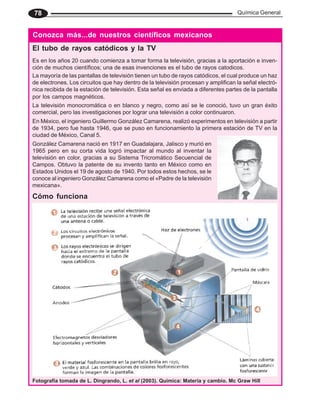 Química General
78
El tubo de rayos catódicos y la TV
Es en los años 20 cuando comienza a tomar forma la televisión, gracias a la aportación e inven-
ción de muchos científicos; una de esas invenciones es el tubo de rayos catodicos.
La televisión monocromática o en blanco y negro, como así se le conoció, tuvo un gran éxito
comercial, pero las investigaciones por lograr una televisión a color continuaron.
En México, el ingeniero Guillermo González Camarena, realizó experimentos en televisión a partir
de 1934, pero fue hasta 1946, que se puso en funcionamiento la primera estación de TV en la
ciudad de México, Canal 5.
González Camarena nació en 1917 en Guadalajara, Jalisco y murió en
1965 pero en su corta vida logró impactar al mundo al inventar la
televisión en color, gracias a su Sistema Tricromático Secuencial de
Campos. Obtuvo la patente de su invento tanto en México como en
Estados Unidos el 19 de agosto de 1940. Por todos estos hechos, se le
conoce al ingeniero González Camarena como el «Padre de la televisión
mexicana».
Cómo funciona
Conozca más...de nuestros científicos mexicanos
Fotografía tomada de L. Dingrando, L. et al (2003). Química: Materia y cambio. Mc Graw Hill
La mayoría de las pantallas de televisión tienen un tubo de rayos catódicos, el cual produce un haz
de electrones. Los circuitos que hay dentro de la televisión procesan y amplifican la señal electró-
nica recibida de la estación de televisión. Esta señal es enviada a diferentes partes de la pantalla
por los campos magnéticos.
 