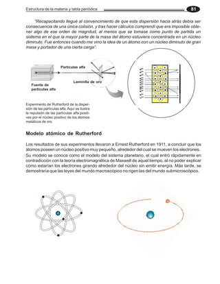 Estructura de la materia y tabla periódica 81
“Recapacitando llegué al convencimiento de que esta dispersión hacia atrás debía ser
consecuencia de una única colisión, y tras hacer cálculos comprendí que era imposible obte-
ner algo de ese orden de magnitud, al menos que se tomase como punto de partida un
sistema en el que la mayor parte de la masa del átomo estuviera concentrada en un núcleo
diminuto. Fue entonces cuando me vino la idea de un átomo con un núcleo diminuto de gran
masa y portador de una cierta carga”.
Experimento de Rutherford de la disper-
sión de las partículas alfa. Aquí se ilustra
la repulsión de las partículas alfa positi-
vas por el núcleo positivo de los átomos
metálicos de oro.
Modelo atómico de Rutherford
Los resultados de sus experimentos llevaron a Ernest Rutherford en 1911, a concluir que los
átomos poseen un núcleo positivo muy pequeño, alrededor del cual se mueven los electrones.
Fuente de
partículas alfa
Partículas alfa
Laminilla de oro
Su modelo se conoce como el modelo del sistema planetario, el cual entró rápidamente en
contradicción con la teoría electromagnética de Maxwell de aquel tiempo, al no poder explicar
cómo estarían los electrones girando alrededor del núcleo sin emitir energía. Más tarde, se
demostraría que las leyes del mundo macroscópico no rigen las del mundo submicroscópico.
 
