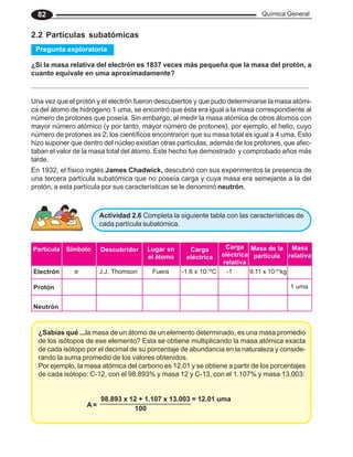 Química General
82
2.2 Partículas subatómicas
¿Si la masa relativa del electrón es 1837 veces más pequeña que la masa del protón, a
cuanto equivale en uma aproximadamente?
Una vez que el protón y el electrón fueron descubiertos y que pudo determinarse la masa atómi-
ca del átomo de hidrógeno:1 uma, se encontró que ésta era igual a la masa correspondiente al
número de protones que poseía. Sin embargo, al medir la masa atómica de otros átomos con
mayor número atómico (y por tanto, mayor número de protones), por ejemplo, el helio, cuyo
número de protones es 2; los científicos encontraron que su masa total es igual a 4 uma. Esto
hizo suponer que dentro del núcleo existían otras partículas, además de los protones, que afec-
taban el valor de la masa total del átomo. Este hecho fue demostrado y comprobado años más
tarde.
Pregunta exploratoria
En 1932, el físico inglés James Chadwick, descubrió con sus experimentos la presencia de
una tercera partícula subatómica que no poseía carga y cuya masa era semejante a la del
protón, a esta partícula por sus características se le denominó neutrón.
Actividad 2.6 Completa la siguiente tabla con las características de
cada partícula subatómica.
Partícula Símbolo Descubridor Lugar en
el átomo
Carga
eléctrica
Carga
eléctrica
relativa
Masa de la
partícula
Masa
relativa
Electrón e-
J.J. Thomson Fuera -1.6 x 10-19
C -1 9.11 x 10-31
kg
1 uma
Protón
Neutrón
¿Sabías qué ...la masa de un átomo de un elemento determinado, es una masa promedio
de los isótopos de ese elemento? Esta se obtiene multiplicando la masa atómica exacta
de cada isótopo por el decimal de su porcentaje de abundancia en la naturaleza y conside-
rando la suma promedio de los valores obtenidos.
Por ejemplo, la masa atómica del carbono es 12.01 y se obtiene a partir de los porcentajes
de cada isótopo: C-12, con el 98.893% y masa 12 y C-13, con el 1.107% y masa 13.003:
98.893 x 12 + 1.107 x 13.003 = 12.01 uma
100
A=
 