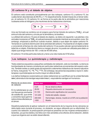 Estructura de la materia y tabla periódica 89
Los daños biológicos ocasionados por estas radiaciones se cuantifican por la unidad llamada
rem ( abreviatura de roentgen equivalent man) «equivalente roentgen en humanos»
Todos estamos expuestos a pequeñas cantidades de radiación, esto es inevitable. La tierra es
bombardeada de manera constante por partículas radiactivas provenientes del expacio exte-
rior. También existe un cierto grado de exposición a elementos radiactivos de manera natural en
la Tierra, incluyendo 14
C, 40
K, 238
U, 232
Th. Sin embargo, las personas expuestas a rayos X, radio-
terapias o quimioterapias es mucho mayor en ellos el daño.
Dosis rem Efecto
0-25 No se observa efecto
26-50 Pequeña disminución en Leucocitos
51-100 Disminución significativa de Leucocitos
101-200 Caída del cabello, náusea
200-500 Hemorrágia, úlceras, muerte en el 50% de la población
>500 Muerte
Efectos de una dosis única
de radiación
El carbono-14 y el datado de objetos
El carbono está constituido principalmente por dos isótopos: carbono-12 y carbono-13, los
cuales tienen abundancias de 98.9% y 1.1% respectivamente. Existen trazas de un tercer isóto-
po, el carbono-14. El carbono-14, se forma en la parte alta de la atmósfera por reacciones
nucleares entre el nitrógeno y los neutrones de las radiaciones cósmicas.
Una vez formado se combina con el oxígeno para formar bióxido de carbono (14
CO2
) , el cual
entra al ciclo del carbono y circula por la atmósfera y la biosfera.
La utilidad del carbono-14 para el datado de objetos, se debe a lo siguiente: Las plantas o los
animales incorporan el 14
CO2
, el cuál permanecerá constante mientras se encuentren vivos. Sin
embargo, empezará a disminuir cuando mueran, debido a que dejan de captar carbono-14.
Tomando en cuenta la disminución de la actividad del carbono-14 presente en el objeto a datar
y conociendo el tiempo de vida media del carbono-14 se puede calcular aproximadamente la
edad de un objeto. Esta técnica tiene su margen de error, no puede ser utilizada para datar un
objeto que tenga menos de 100 o más de 40 000 años.
El carbono-14 emite partículas beta (β) y tiene una vida media de 5730 años.
Los isótopos: La quimioterapia y radioterapia
Desafortunadamente al aplicar radiación en el tratamiento de la mayoria de los cánceres se
daña tejido sano durante el proceso, no obstante, se sigue utilizando por su efectividad. En
cuanto a la radiación, la preocupación principal se presenta con las mujeres embarazadas o
lactantes, ya que los bebés y los fetos son más sensibles a los efectos de la radiación, debido
a que sus órganos aún se están desarrollando.
En la radioterapia se usa
con frecuencia una fuente
de cobalto-60, que emite
y concentra rayos gamma
sobre el área afectada por
el cáncer.
 