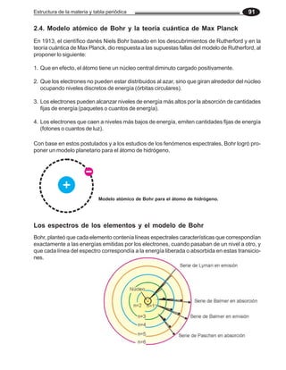 Estructura de la materia y tabla periódica 91
2.4. Modelo atómico de Bohr y la teoría cuántica de Max Planck
En 1913, el científico danés Niels Bohr basado en los descubrimientos de Rutherford y en la
teoría cuántica de Max Planck, dio respuesta a las supuestas fallas del modelo de Rutherford, al
proponer lo siguiente:
1. Que en efecto, el átomo tiene un núcleo central diminuto cargado positivamente.
2. Que los electrones no pueden estar distribuidos al azar, sino que giran alrededor del núcleo
ocupando niveles discretos de energía (órbitas circulares).
3. Los electrones pueden alcanzar niveles de energía más altos por la absorción de cantidades
fijas de energía (paquetes o cuantos de energía).
4. Los electrones que caen a niveles más bajos de energía, emiten cantidades fijas de energía
(fotones o cuantos de luz).
Con base en estos postulados y a los estudios de los fenómenos espectrales, Bohr logró pro-
poner un modelo planetario para el átomo de hidrógeno.
Los espectros de los elementos y el modelo de Bohr
Bohr, planteó que cada elemento contenía líneas espectrales características que correspondían
exactamente a las energías emitidas por los electrones, cuando pasaban de un nivel a otro, y
que cada línea del espectro correspondía a la energía liberada o absorbida en estas transicio-
nes.
Modelo atómico de Bohr para el átomo de hidrógeno.
 