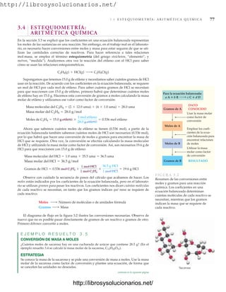 http://librosysolucionarios.net/
3.4 E S T E Q U I O M E T R Í A : A R I T M É T I C A Q U Í M I C A 77
3.4 ESTEQUIOMETRÍA:
ARITMÉTICA QUÍMICA
En la sección 3.3 se explicó que los coeficientes en una ecuación balanceada representan
los moles de las sustancias en una reacción. Sin embargo, en el trabajo real en el laborato-
rio, es necesario hacer conversiones entre moles y masa para estar seguros de que se uti-
lizan las cantidades correctas de reactivos. Para hacer referencia a tales relaciones
mol-masa, se emplea el término estequiometría (del griego stoicheion, “elemento”, y
metron, “medida”). Analicemos otra vez la reacción del etileno con el HCl para saber
cómo se usan las relaciones estequiométricas.
Supongamos que tenemos 15.0 g de etileno y necesitamos saber cuántos gramos de HCl
usar en la reacción. De acuerdo con los coeficientes en la ecuación balanceada, se requiere
un mol de HCl por cada mol de etileno. Para saber cuántos gramos de HCl se necesitan
para que reaccionen con 15.0 g de etileno, primero habrá que determinar cuántos moles
de etileno hay en 15.0 g. Hacemos esta conversión de gramos a moles calculando la masa
molar de etileno y utilizamos ese valor como factor de conversión:
Ahora que sabemos cuántos moles de etileno se tienen (0.536 mol), a partir de la
ecuación balanceada también sabemos cuántos moles de HCl son necesarios (0.536 mol),
por lo que habrá que hacer una conversión de moles a gramos para encontrar la masa de
HCl que se requiere. Otra vez, la conversión se efectúa calculando la masa molecular
de HCl y utilizando la masa molar como factor de conversión. Así, son necesarios 19.6 g de
HCl para que reaccionen con 15.0 g de etileno:
Observe con cuidado la secuencia de pasos del cálculo que acabamos de hacer. Los
moles están indicados por los coeficientes de la ecuación balanceada, pero en el laborato-
rio se utilizan gramos para pesar los reactivos. Los coeficientes nos dicen cuántas moléculas
de cada reactivo se necesitan, en tanto que los gramos indican qué masa se requiere de
cada reactivo.
El diagrama de flujo en la figura 3.2 ilustra las conversiones necesarias. Observe de
nuevo que no es posible pasar directamente de gramos de un reactivo a gramos de otro.
Primero debemos convertir a moles.
E J E M P L O R E S U E L T O 3 . 5
CONVERSIÓN DE MASA A MOLES
¿Cuántos moles de sacarosa hay en una cucharada de azúcar que contiene 28.5 g? (En el
ejemplo resuelto 3.4 se calculó la masa molar de la sacarosa, C12H22O11).
ESTRATEGIA
Se conoce la masa de la sacarosa y se pide una conversión de masa a moles. Use la masa
molar de la sacarosa como factor de conversión y plantee una ecuación, de forma que
se cancelen las unidades no deseadas.
Gramos ¡ Masa
Moles ¡ Número de moléculas o de unidades fórmula
Gramos de HCl = 0.536 mol C2H4 *
1 mol HCl
1 mol C2H4
*
36.5 g HCl
1 mol HCl
= 19.6 g HCl
Masa molar del HCl = 36.5 g/mol
Masa molecular del HCl = 1.0 uma + 35.5 uma = 36.5 uma
Moles de C2H4 = 15.0 g etileno *
1 mol etileno
28.0 g etileno
= 0.536 mol etileno
Masa molar del C2H4 = 28.0 g/mol
Masa molecular del C2H4 = (2 * 12.0 uma) + (4 * 1.0 uma) = 28.0 uma
C2H4(g) + HCl(g) ¡ C2H5Cl(g)
DATO
CONOCIDO
RESULTADO
Usar la masa molar
como factor de
conversión
Utilizar la masa
molar como factor
de conversión
Emplear los coefi-
cientes de la ecua-
ción balanceada para
encontrar relaciones
de moles
Moles de A
Moles de B
Gramos de B
Gramos de A
Para la ecuación balanceada:
a A  b B c C  d D
FIGURA 3.2
Resumen de las conversiones entre
moles y gramos para una reacción
química. Los coeficientes en una
ecuación balanceada determinan
cuántas moléculas de cada reactivo se
necesitan, mientras que los gramos
indican la masa que se requiere de
cada reactivo.
continúa en la siguiente página
Sacarosa
www.FreeLibros.org
http://librosysolucionarios.net/
http://librosysolucionarios.net/
 