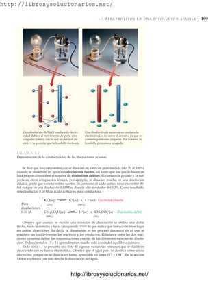 http://librosysolucionarios.net/
4.2 E L E C T R O L I T O S E N U N A D I S O L U C I Ó N A C U O S A 109
Se dice que los compuestos que se disocian en iones en gran medida (del 70 al 100%)
cuando se disuelven en agua son electrolitos fuertes, en tanto que los que lo hacen en
baja proporción reciben el nombre de electrolitos débiles. El cloruro de potasio y la ma-
yoría de otros compuestos iónicos, por ejemplo, se disocian mucho en una disolución
diluida, por lo que son electrolitos fuertes. En contraste, el ácido acético es un electrolito dé-
bil, porque en una disolución 0.10 M se disocia sólo alrededor del 1.3%. Como resultado,
una disolución 0.10 M de ácido acético es poco conductora.
Una disolución de NaCl conduce la electri-
cidad debido al movimiento de partc ulas
cargadas (iones), con lo que se cierra el cir-
cuito y se permite que la bombilla encienda.
Una disolución de sacarosa no conduce la
electricidad, o no cierra el circuito, ya que no
contiene partículas cargadas. Por lo tanto, la
bombilla permanece apagada.

  
 
 








FIGURA 4.1
Demostración de la conductividad de las disoluciones acuosas.
Para
disoluciones
0.10 M
KCl(aq) K+(ac) + Cl−(ac) Electrolito fuerte
(2%) (98%)
CH3CO2H(ac) H+(ac) + CH3CO2
−(ac) Electrolito débil
(99%) (1%)
Observe que cuando se escribe una ecuación de disociación se utiliza una doble
flecha, hacia la derecha y hacia la izquierda lo que indica que la reacción tiene lugar
en ambas direcciones. Es decir, la disociación es un proceso dinámico en el que se
establece un equilibrio entre los reactivos y los productos. El balance entre las dos reac-
ciones opuestas define las concentraciones exactas de las diferentes especies en disolu-
ción. En los capítulos 13 y 14 aprenderemos mucho más acerca del equilibrio químico.
En la tabla 4.1 se presenta una lista de algunas sustancias comunes que se clasifican
de acuerdo con su fuerza electrolítica. Observe que el agua pura se clasifica como un no
electrolito, porque no se disocia en forma apreciable en iones H
y OH
. En la sección
14.4 se explorará con más detalle la disociación del agua.
Δ
www.FreeLibros.org
.
http://librosysolucionarios.net/
http://librosysolucionarios.net/
 