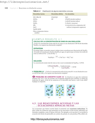 http://librosysolucionarios.net/
110 Capítulo 4 Reacciones en disolución acuosa
E J E M P L O R E S U E L T O 4 . 1
CÁLCULO DE LA CONCENTRACIÓN DE IONES EN UNA DISOLUCIÓN
¿Cuál es la concentración molar total de los iones en una disolución 0.350 M del electrolito
Na2SO4, si se supone una disociación completa?
ESTRATEGIA
En primer lugar, se necesita conocer cuántos iones se producen por disociación del Na2SO4.
Al escribir la ecuación para disolver Na2SO4 en agua, se aprecia que se forman tres moles de
iones (2 moles de Na
y una de SO4
2
).
SOLUCIÓN
La concentración molar total de iones es tres veces la molaridad de Na2SO4, o 1.05 M:
쑺 PROBLEMA 4.2 ¿Cuál es la concentración molar de los iones Br–
en una disolución acuo-
sa 0.225 M de FeBr3, si se supone una disociación completa?
PROBLEMA DE CONCEPTO CLAVE 4.3 Se disuelven en agua tres sustancias
distintas A2X, A2Y y A2Z, de acuerdo con el siguiente diagrama (por claridad, se omiten las
moléculas de agua). ¿Cuál de las sustancias es el electrolito más fuerte y cuál el más débil?
Explique su respuesta.
0.350 mol Na2SO4
1 L
*
3 moles de iones
1 mol Na2SO4
= 1.05 M
Na2SO4(s)
H2
O
 2 Na
(ac) + SO4
2
(ac)
TABLA 4.1 Clasificación de algunos electrolitos comunes
Electrolitos fuertes Electrolitos débiles No electrolitos
HCl, HBr, HI
HF (alcohol metílico)
(alcohol etílico)
(sacarosa)
KBr La mayoría de los compuestos del
NaCl carbono (compuestos orgánicos)
NaOH, KOH
Otros compuestos iónicos
solubles
C12H22O11
H2SO4
C2H5OH
HNO3
CH3OH
HClO4
H2O
CH3CO2H
A2X A2Y A2Z
4.3 LAS REACCIONES ACUOSAS Y LAS
ECUACIONES IÓNICAS NETAS
Las ecuaciones que hemos escrito hasta el momento son ecuaciones moleculares. Es
decir, todas las sustancias que participan en las reacciones se han escrito utilizando sus
fórmulas completas, como si fueran moléculas. Por ejemplo, en la sección 4.1 se escribió la
ecuación del nitrato de plomo(II) con yoduro de potasio, la cual produce PbI2 sólido uti-
www.FreeLibros.org
http://librosysolucionarios.net/
http://librosysolucionarios.net/
 