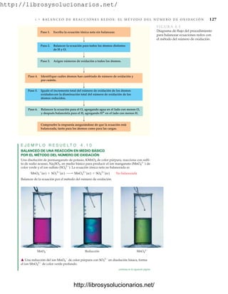 http://librosysolucionarios.net/
4. 9 B A L A N C E O D E R E A C C I O N E S R E D O X : E L M É T O D O D E L N Ú M E R O D E O X I D A C I Ó N 127
E J E M P L O R E S U E L T O 4 . 1 0
BALANCEO DE UNA REACCIÓN EN MEDIO BÁSICO
POR EL MÉTODO DEL NÚMERO DE OXIDACIÓN
Una disolución de permanganato de potasio, KMnO4 de color púrpura, reacciona con sulfi-
to de sodio acuoso, Na2SO3, en medio básico para producir el ion manganato (MnO4
2
) de
color verde y el ion sulfato (SO4
2
). La ecuación iónica neta no balanceada es
Balancee de la ecuación por el método del número de oxidación.
MnO4

(ac) + SO3
2
(ac) ¡ MnO4
2
(ac) + SO4
2
(ac) No balanceada
Paso 3. Asigne números de oxidación a todos los átomos.
Paso 1. Escriba la ecuación iónica neta sin balancear.
Paso 2. Balancee la ecuación para todos los átomos distintos
de H y O.
Paso 6. Balancee la ecuación para el O, agregando agua en el lado con menos O,
y después balancéela para el H, agregando H+ en el lado con menos H.
Paso 4. Identifique cuáles átomos han cambiado de número de oxidación y
por cuánto.
Paso 5. Iguale el incremento total del número de oxidación de los átomos
oxidadoscon la disminución total del número de oxidación de los
átomos reducidos.
Compruebe la respuesta asegurándose de que la ecuación está
balanceada, tanto para los átomos como para las cargas.
FIGURA 4.5
Diagrama de flujo del procedimiento
para balancear ecuaciones redox con
el método del número de oxidación.
MnO4
 Reducción MnO4
2
䉱 Una reducción del ion MnO4

de color púrpura con SO3
2
en disolución básica, forma
el ion MnO4
2
de color verde profundo.
continúa en la siguiente página
www.FreeLibros.org
.
http://librosysolucionarios.net/
http://librosysolucionarios.net/
 