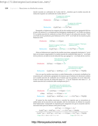 http://librosysolucionarios.net/
130 Capítulo 4 Reacciones en disolución acuosa
dación necesita un coeficiente de 2 antes del Cl
, mientras que la media reacción de
reducción requiere un coeficiente de 2 antes del Cr3
.
Se agrega este coeficiente
para balancear el Cl.
2 Cl–
(ac) Cl2(ac)
Oxidación:
Cr2O7
2–(ac) 2 Cr3+(ac)
Reducción:
Se agrega este coeficiente
para balancear el Cr.
Después se agregan 14 H+
para
balancear el H.
2 Cl–
(ac) Cl2(ac)
Oxidación:
Cr2O7
2–
(ac) + 14 H+
(ac) 2 Cr3+
(ac) + 7 H2O(l)
Reducción:
Primero se agregan 7 H2O para
balancear el O.
Estos electrones se agregan
para balancear la carga.
2 Cl–
(ac) Cl2(ac) + 2 e–
Oxidación:
Cr2O7
2–(ac) + 14 H+
(ac) + 6 e–
2 Cr3+(ac) + 7 H2O(l)
Reducción:
Estos electrones se agregan
para balancear la carga.
Se multiplica por este coeficiente para
igualar los números de electrones en las
dos medias reacciones.
6 Cl–
(ac) 3 Cl2(ac) + 6 e–
Oxidación:
Cr2O7
2–(ac) + 14 H+
(ac) + 6 e–
2 Cr3+(ac) + 7 H2O(l)
Reducción:
3 × [2 Cl–
(ac) Cl2(ac) + 2 e–
]
o bien
Enseguida, se balancean los oxígenos de las dos medias reacciones agregando H2O en
el lado con menos O, y se balancean los hidrógenos añadiendo H
en el lado con menos
H. La media reacción de oxidación no tiene H ni O, pero la de reducción necesita 7 H2O
en el lado de los productos para balancear el O y 14 H
en el lado de los reactivos para
balancear el H:
Ahora se balancean por carga las dos medias reacciones, agregando electrones (e
) en el
lado con la mayor carga positiva. La media reacción de oxidación debe tener 2 e
en el lado
de los productos, en tanto en la de reducción hay que agregar 6 e
en el lado de los reactivos:
Una vez que las medias reacciones ya están balanceadas, es necesario multiplicar las
ecuaciones por coeficientes apropiados de manera que el número de electrones cedidos
en la media reacción de oxidación sea el mismo que los ganados en la de reducción.
Como la media reacción de reducción tiene 6 e
, y la de oxidación sólo tiene 2 e
, la
media reacción de la oxidación debe multiplicarse por 3:
Al sumar las dos medias reacciones y cancelar las especies que se encuentran en
ambos lados de la reacción (en este ejemplo, sólo los electrones), se obtiene la ecuación
final balanceada. Compruebe la respuesta para asegurarse de que la ecuación está ba-
lanceada tanto para los átomos como para la carga.
Carga: Carga: (2 * 3+) = 6+
(2-) + (14+) + (6 * 1-) = 6+
Cr2O7
2
(ac) + 14 H
(ac) + 6 Cl
(ac) ¡ 3 Cl2(ac) + 2 Cr3
(ac) + 7 H2O(l)
Cr2O7
2
(ac) + 14 H
(ac) + 6 e
¡ 2 Cr3
(ac) + 7 H2O(l)
6 Cl
(ac) ¡ 3 Cl2(ac) + 6 e
www.FreeLibros.org
.
http://librosysolucionarios.net/
http://librosysolucionarios.net/
 