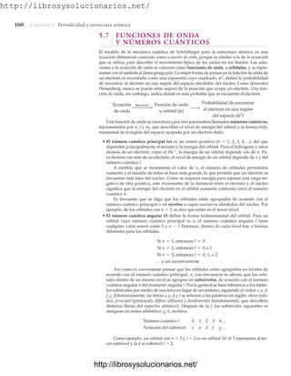 http://librosysolucionarios.net/
160 Capítulo 5 Periodicidad y estructura atómica
5.7 FUNCIONES DE ONDA
Y NÚMEROS CUÁNTICOS
El modelo de la mecánica cuántica de Schrödinger para la estructura atómica es una
ecuación diferencial conocida como ecuación de onda, porque es similar a la de la ecuación
que se utiliza para describir el movimiento típico de las ondas en los fluidos. Las solu-
ciones a la ecuación de onda se conocen como funciones de onda, u orbitales, y se repre-
sentan con el símbolo c (letra griega psi). La mejor forma de pensar en la función de onda de
un electrón es recordarla como una expresión cuyo cuadrado, c2
, define la probabilidad
de encontrar al electrón en una región del espacio alrededor del núcleo. Como demostró
Heisenberg, nunca se puede estar seguro de la posición que ocupa un electrón. Una fun-
ción de onda, sin embargo, indica dónde es más probable que se encuentre el electrón.
Una función de onda se caracteriza por tres parámetros llamados números cuánticos,
representados por n, l y ml, que describen el nivel de energía del orbital y la forma tridi-
mensional de la región del espacio ocupada por un electrón dado.
• El número cuántico principal (n) es un entero positivo (n  1, 2, 3, 4,…), del que
dependen principalmente el tamaño y la energía del orbital. Para el hidrógeno y otros
átomos de un electrón, como el He
, la energía de un orbital depende sólo de n. Pa-
ra átomos con más de un electrón, el nivel de energía de un orbital depende de n y del
número cuántico l.
A medida que se incrementa el valor de n, el número de orbitales permitidos
aumenta y el tamaño de éstos se hace más grande, lo que permite que un electrón se
encuentre más lejos del núcleo. Como se requiere energía para separar una carga ne-
gativa de otra positiva, este incremento de la distancia entre el electrón y el núcleo
significa que la energía del electrón en el orbital aumenta conforme crece el número
cuántico n.
Es frecuente que se diga que los orbitales están agrupados de acuerdo con el
número cuántico principal n en niveles o capas sucesivos alrededor del núcleo. Por
ejemplo, de los orbitales con n  3, se dice que están en el tercer nivel.
• El número cuántico angular (l) define la forma tridimensional del orbital. Para un
orbital cuyo número cuántico principal es n, el número cuántico angular l tiene
cualquier valor entero entre 0 y n  1 Entonces, dentro de cada nivel hay n formas
diferentes para los orbitales.
… y así sucesivamente
Así como es conveniente pensar que los orbitales están agrupados en niveles de
acuerdo con el número cuántico principal, n, con frecuencia se afirma que los orbi-
tales dentro de un mismo nivel se agrupan en subniveles, de acuerdo con el número
cuántico angular o del momento angular l. Por lo general se hace referencia a los distin-
tos subniveles por medio de una letra en lugar de un número, siguiendo el orden s, p, d,
f, g. [Históricamente, las letras s, p, d y f se refieren a las palabras en inglés: sharp (níti-
do), principal (principal), diffuse (difuso) y fundamental (fundamental), que describen
distintas líneas del espectro atómico]. Después de la f, los subniveles siguientes se
designan en orden alfabético: g, h, etcétera.
Si n = 3, entonces l = 0, 1, o 2
Si n = 2, entonces l = 0 o 1
Si n = 1, entonces l = 0
Ecuación
de onda
Resolver  Función de onda
u orbital (c)
¡
Probabilidad de encontrar
al electrón en una región
del espacio (c2
)
Número cuántico l: 0 1 2 3 4…
Notación del subnivel: s p d f g…
Como ejemplo, un orbital con n  3 y l  2 es un orbital 3d: el 3 representa al ter-
cer subnivel y la d al subnivel l  2.
www.FreeLibros.org
.
http://librosysolucionarios.net/
http://librosysolucionarios.net/
 
