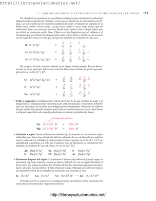 http://librosysolucionarios.net/
5.12 C O N F I G U R A C I O N E S E L E C T R Ó N I C A S D E Á T O M O S P O L I E L E C T R Ó N I C O S 171
Del oxígeno al neón, los tres orbitales 2p se llenan sucesivamente. Para el flúor y
el neón ya no es necesario diferenciar entre los diferentes orbitales 2p, por lo que sim-
plemente se escribe 2p5
y 2p6
.
B: 1s2 2s2 2p1
C: 1s2
2s2
2px
1
2py
1
N: 1s2 2s2 2px
1
2py
1
2pz
1
o
o
o
1s 2s 2p
1s 2s 2p
1s 2s 2p
O: 1s2 2s2 2px
2
2py
1
2pz
1
F: 1s2 2s2 2p5
Ne: 1s2 2s2 2p6
o
o
o
1s 2s 2p
1s 2s 2p
1s 2s 2p
Na: 1s2
2s2
2p6 3s1
Mg: 1s2 2s2 2p6 3s2
o
o
[Ne] 3s1
[Ne] 3s2
Configuración del neón
• Sodio y magnesio: A continuación se llena el orbital 3s, lo que confiere al sodio y al
magnesio las configuraciones electrónicas del estado basal que se muestran. Observe
que con frecuencia se escriben las configuraciones electrónicas utilizando el símbolo
del gas noble del periodo anterior, para indicar los electrones en los niveles llenos
y después especificar sólo aquellos electrones en niveles parcialmente llenos.
• Aluminio a argón: Ahora se llenan los orbitales 3p, de acuerdo con las mismas reglas
utilizadas para llenar los orbitales 2p del boro al neón. En vez de identificar explícita-
mente cuáles de los orbitales 3p degenerados están ocupados en el Si, el P y el S, se
simplificará la escritura con sólo dar el número total de electrones en el subnivel. Por
ejemplo, se escribirá 3p2
para el silicio, en vez de 3px
1
3py
1
.
• Elementos después del argón: Al continuar el llenado del subnivel 3p en el argón, se
encuentra el primer traslape cuando se llena el orbital. En vez de seguir llenando el
tercer nivel por medio de poblar los orbitales 3d, los dos electrones siguientes en el po-
tasio y el calcio van al subnivel 4. Sólo entonces ocurre el llenado del subnivel 3d para
dar la primera serie de los metales de transición, del escandio al zinc.
En la figura 5.17 se muestran las configuraciones electrónicas de los elementos del
estado basal determinadas experimentalmente.
K: [Ar] 4s1
Ca: [Ar] 4s2
Sc: [Ar] 4s2
3d1
¡ Zn: [Ar] 4s2
3d10
Al: [Ne] 3s2
3p1
Si: [Ne] 3s2
3p2
P: [Ne] 3s2
3p3
S: [Ne] 3s2
3p4
Cl: [Ne] 3s2
3p5
Ar: [Ne] 3s2
3p6
Por claridad, en ocasiones se especifican configuraciones electrónicas utilizando
diagramas de ocupación de orbitales, en los que los electrones se representan con fle-
chas. Los dos valores de los números cuánticos de espín se indican con la punta de la
flecha hacia arriba o hacia abajo. Un par hacia arriba y hacia abajo indica que un
orbital está lleno, en tanto que una sola flecha hacia arriba (o hacia abajo) indica que
un orbital se encuentra medio lleno. Observe en los diagramas para el carbono y el
nitrógeno que los orbitales 2p degenerados están medio llenos y no llenos, de acuerdo
con la regla de Hund, en tanto que el espín del electrón es el mismo en cada uno.
www.FreeLibros.org
http://librosysolucionarios.net/
http://librosysolucionarios.net/
 