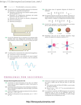 http://librosysolucionarios.net/
5.25 ¿En qué zona de la tabla periódica aparecen los elementos
que satisfacen las siguientes descripciones?
a) Elementos con electrones cuyo número cuántico princi-
pal más grande es n  4
b) Elementos con configuración electrónica del estado
basal de la capa de valencia
c) Elementos que sólo tienen un electrón p desapareado
d) Elementos del bloque d
e) Elementos del bloque p
ns2
np3
5.26 Uno de los elementos que se muestran en la siguiente tabla
periódica tiene una configuración electrónica del estado
basal anómala. ¿Cuál es (el rojo, el azul o el verde) y por qué?
5.27 A continuación se representan dos ondas electromagnéticas.
a) ¿Cuál tiene la mayor intensidad?
b) ¿Cuál corresponde a una radiación de mayor energía?
c) ¿Cuál representa a la luz amarilla y cuál a la radiación
infrarroja?
P R O B L E M A S P O R S E C C I O N E S
Energía electromagnética (sección 5.2)
5.32 ¿Cuál tiene la mayor frecuencia, la luz roja o la violeta?
¿Cuál tiene la mayor longitud de onda? ¿Cuál posee la
mayor energía?
5.33 ¿Cuál tiene mayor frecuencia, la luz infrarroja o la ultravio-
leta? ¿Cuál tiene la longitud de onda más larga? ¿Cuál tiene
mayor energía?
5.34 ¿Cuál es la longitud de onda (en metros) de la luz ultravio-
leta, con
5.35 ¿Cuál es la frecuencia de una microonda, con
m?
10-3
l = 4.33 *
n = 5.5 * 1015
s-1
?
180 Capítulo 5 Periodicidad y estructura atómica
5.36 Calcule las energías de las siguientes ondas (en kilojoules
por mol) y señale cuál de cada par tiene el valor más
grande.
a) Una onda de radio de FM de 99.5 MHz y una de radio
de AM de 1150 kHz
b) Rayos X con   3.44  109
m y una microonda con 
 6.71  102
m
5.37 Los escáneres corporales de IRM (imágenes de resonancia
magnética) que se usan en los hospitales operan con
energía de radiofrecuencia de 400 MHz. ¿A cuánta energía
corresponde esto en kilojoules por mol?
a) b)
[Ar]
4s 3d 4p
[Ar]
4s 3d 4p
r = 215 pm r = 114 pm r = 197 pm
5.28 ¿Qué átomo tiene el siguiente diagrama de llenado de
orbitales?
5.29 El siguiente diagrama de llenado de orbitales representa un
estado excitado en vez del estado basal de un átomo. Identi-
fique el átomo e indique su configuración electrónica basal.
5.30 ¿Cuál de las siguientes tres esferas representa a un átomo
de Ca, cuál a uno de Sr y cuál a uno de Br?
(en el tercer nivel)
a)
(en el cuarto nivel)
b)
z
x
y
z
x
y
5.31 Identifique cada uno de los orbitales siguientes, luego
señale sus respectivos números cuánticos n y l.
www.FreeLibros.org
http://librosysolucionarios.net/
http://librosysolucionarios.net/
 