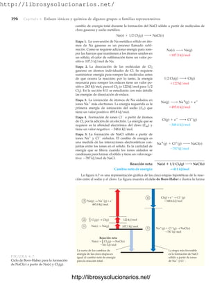 http://librosysolucionarios.net/
196 Capítulo 6 Enlaces iónicos y química de algunos grupos o familias representativos
cambio de energía total durante la formación del NaCl sólido a partir de moléculas de
cloro gaseoso y sodio metálico.
Na(s) + 12 Cl2(g) ¡ NaCl(s)
Na(g) → Na(g) + e
495.8 kJ/mol
La suma de los cambios de
energía de las cinco etapas es
igual al cambio neto de energía
para la reacción total.
La etapa más favorable
es la formación de NaCl
sólido a partir de iones
de Na y Cl.
Cl2(g) → Cl(g)
Na(s) → Na(g)
Reacción neta
Na(s)  Cl2(g) → NaCl(s)
411 kJ/mol
Cl(g) + e → Cl(g)
348.6 kJ/mol
Na(g)  Cl(g) → NaCl(s)
787 kJ/mol
1
2
3
4
5
122 kJ/mol
107.3 kJ/mol
1
2
1
2
FIGURA 6.7
Ciclo de Born-Haber para la formación
de NaCl(s) a partir de Na(s) y Cl2(g).
Etapa 1. La conversión de Na metálico sólido en áto-
mos de Na gaseoso es un proceso llamado subli-
mación. Como se requiere adicionar energía para rom-
per las fuerzas que mantienen a los átomos unidos en
un sólido, el calor de sublimación tiene un valor po-
sitivo: 107.3 kJ/mol de Na.
+107.3 kJ/mol
Na(s) ¡ Na(g)
Etapa 2. La disociación de las moléculas de Cl2
gaseoso en átomos individuales de Cl. Se requiere
suministrar energía para romper las moléculas antes
de que ocurra la reacción; por lo tanto, la energía
necesaria para romper los enlaces tiene un valor po-
sitivo: 243 kJ/mol, para el Cl2 (o 122 kJ/mol para 1/2
Cl2). En la sección 8.11 se estudiarán con más detalle
las energías de disociación de enlace.
+122 kJ/mol
12 Cl2(g) ¡ Cl(g)
Etapa 3. La ionización de átomos de Na aislados en
iones Na
más electrones. La energía requerida es la
primera energía de ionización del sodio (Ei1) que
tiene un valor positivo: 495.8 kJ/mol.
+495.8 kJ/mol
Na(g) ¡ Na
(g) + e
Etapa 4. Formación de iones Cl
a partir de átomos
de Cl, por la adición de un electrón. La energía que se
requiere es la afinidad electrónica del cloro (Eae) y
tiene un valor negativo: 348.6 kJ/mol.
-348.6 kJ/mol
Cl(g) + e
¡ Cl
(g)
Etapa 5. La formación de NaCl sólido a partir de
iones Na
y Cl
aislados. El cambio de energía es
una medida de las interacciones electrostáticas con-
juntas entre los iones en el sólido. Es la cantidad de
energía que se libera cuando los iones aislados se
condensan para formar el sólido y tiene un valor nega-
tivo: 787 kJ/mol de NaCl.
-787 kJ/mol
Na
(g) + Cl
(g) ¡ NaCl(s)
Reacción neta:
Cambio neto de energía: 411 kJ/mol
Na(s)  12 Cl2(g) ¡ NaCl(s)
La figura 6.7 es una representación gráfica de las cinco etapas hipotéticas de la reac-
ción entre el sodio y el cloro. La figura muestra el ciclo de Born-Haber e ilustra la forma
www.FreeLibros.org
.
http://librosysolucionarios.net/
http://librosysolucionarios.net/
 