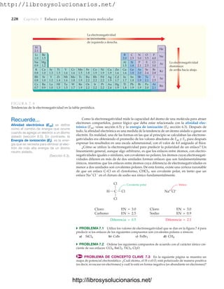 http://librosysolucionarios.net/
228 Capítulo 7 Enlaces covalentes y estructura molecular
Como la electronegatividad mide la capacidad del átomo de una molécula para atraer
electrones compartidos, parece lógico que deba estar relacionada con la afinidad elec-
trónica (Eae; véase sección 6.5) y la energía de ionización (Ei; sección 6.3). Después de
todo, la afinidad electrónica es una medida de la tendencia de un átomo aislado a ganar un
electrón. En realidad, una de las formas en las que al principio se calculaban las electrone-
gatividades era obteniendo el promedio de los valores absolutos de Eae y Ei, para después
expresar los resultados en una escala adimensional, con el valor de 4.0 asignado al flúor.
¿Cómo se utiliza la electronegatividad para predecir la polaridad de un enlace? Un
lineamiento general, aunque algo arbitrario, es que los enlaces entre átomos, con electro-
negatividades iguales o similares, son covalentes no polares; los átomos cuyas electronegati-
vidades difieren en más de de dos unidades forman enlaces que son fundamentalmente
iónicos, mientras que los enlaces entre átomos cuya diferencia de electronegatividades es
menor a dos unidades son covalentes polares. De esta forma, existe una certeza razonable
de que un enlace C–Cl en el cloroformo, CHCl3, sea covalente polar, en tanto que un
enlace Na
Cl
en el cloruro de sodio sea iónico fundamentalmente.
Recuerde...
Afinidad electrónica (Eae) se define
como el cambio de energía que ocurre
cuando se agrega un electrón a un átomo
aislado (sección 6.5). En contraste, la
Energía de ionización (Ei), es la ener-
gía que se necesita para eliminar al elec-
trón de más alta energía de un átomo
neutro aislado.
(Sección 6.3).
La electronegatividad
disminuye
de arriba hacia abajo.
La electronegatividad
se incrementa
de izquierda a derecha.
H
2.1
Li
1.0
Be
1.5
Na
0.9
Mg
1.2
K
0.8
Ca
1.0
Rb
0.8
Sr
1.0
Cs
0.7
Ba
0.9
Sc
1.3
Y
1.2
La
1.0
Ti
1.5
Zr
1.4
Hf
1.3
V
1.6
Nb
1.6
Ta
1.5
Cr
1.6
Mo
1.8
W
1.7
Mn
1.5
Tc
1.9
Re
1.9
Fe
1.8
Ru
2.2
Os
2.2
Co
1.9
Rh
2.2
Ir
2.2
Ni
1.9
Pd
2.2
Pt
2.2
Cu
1.9
Ag
1.9
Au
2.4
Zn
1.6
Cd
1.7
Hg
1.9
Ga
1.6
Al
1.5
B
2.0
In
1.7
Tl
1.8
Ge
1.8
Si
1.8
C
2.5
Sn
1.8
Pb
1.9
As
2.0
P
2.1
N
3.0
Sb
1.9
Bi
1.9
Se
2.4
S
2.5
O
3.5
Te
2.1
Po
2.0
Br
2.8
Cl
3.0
F
4.0
I
2.5
At
2.1
Kr
Ar
Ne
He
Xe
Rn
FIGURA 7.4
Tendencias de la electronegatividad en la tabla periódica.
Na+
Cl–
Cl
H C Cl
Cl
Cloro: EN = 3.0
Carbono: EN = 2.5
Cloro: EN = 3.0
Sodio: EN = 0.9
Diferencia = 0.5
Covalente polar Iónico
Diferencia = 2.1
쑺 PROBLEMA 7.1 Utilice los valores de electronegatividad que se dan en la figura 7.4 para
predecir si los enlaces de los siguientes compuestos son covalentes polares o iónicos:
a) b) CsBr c) d)
쑺 PROBLEMA 7.2 Ordene los siguientes compuestos de acuerdo con el carácter iónico cre-
ciente de sus enlaces:
PROBLEMA DE CONCEPTO CLAVE 7.3 En la siguiente página se muestra un
mapa de potencial electrostático. ¿Cuál átomo, el H o el O, está polarizado de manera positiva
(es decir, es escaso en electrones) y cuál lo está en forma negativa (es abundante en electrones)?
CCl4, BaCl2, TiCl3, Cl2O.
CH4
FeBr3
SiCl4
www.FreeLibros.org
http://librosysolucionarios.net/
http://librosysolucionarios.net/
 