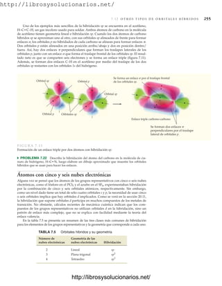 http://librosysolucionarios.net/
7.12 O T R O S T I P O S D E O R B I TA L E S H Í B R I D O S 255
Uno de los ejemplos más sencillos de la hibridación sp se encuentra en el acetileno,
H–CKC–H, un gas incoloro usado para soldar. Ambos átomos de carbono en la molécula
de acetileno tienen geometría lineal e hibridación sp. Cuando los dos átomos de carbono
híbridos sp se aproximan uno al otro, con sus orbitales sp alineados de frente para formar
enlaces , los orbitales p no hibridados de cada carbono se alinean para formar enlaces .
Dos orbitales p están alineados en una posición arriba/abajo y dos en posición dentro/
fuera. Así, hay dos enlaces  perpendiculares que forman los traslapes laterales de los
orbitales p, junto con un enlace  que forma el traslape frontal de los orbitales sp. El resul-
tado neto es que se comparten seis electrones y se forma un enlace triple (figura 7.11).
Además, se forman dos enlaces C–H en el acetileno por medio del traslape de los dos
orbitales sp restantes con los orbitales 1s del hidrógeno.
Se forma un enlace s por el traslape frontal
de los orbitales sp.
Se forman dos enlaces p
perpendiculares por el traslape
lateral de orbitales p.
Orbitales sp
Orbital sp
Orbital sp
Orbital p
Orbital p
Enlace triple carbono-carbono
쑺 PROBLEMA 7.22 Describa la hibridación del átomo del carbono en la molécula de cia-
nuro de hidrógeno, H–CKN, luego elabore un dibujo aproximado que muestre los orbitales
híbridos que se usan para hacer los enlaces.
Átomos con cinco y seis nubes electrónicas
Alguna vez se pensó que los átomos de los grupos representativos con cinco o seis nubes
electrónicas, como el fósforo en el PCl5 y el azufre en el SF6, experimentaban hibridación
por la combinación de cinco y seis orbitales atómicos, respectivamente. Sin embargo,
como un nivel dado tiene un total de sólo cuatro orbitales s y p, la necesidad de usar cinco
o seis orbitales implica que hay orbitales d implicados. Como se verá en la sección 20.11,
la hibridación que supone orbitales d participa en muchos compuestos de los metales de
transición. No obstante, cálculos recientes de mecánica cuántica indican que los com-
puestos de los grupos representativos no utilizan orbitales d en la hibridación, sino un
patrón de enlace más complejo, que no se explica con facilidad mediante la teoría del
enlace valencia.
En la tabla 7.5 se presenta un resumen de las tres clases más comunes de hibridación
para los elementos de los grupos representativos y la geometría que corresponde a cada uno.
TABLA 7.5 Orbitales híbridos y su geometría
Número de Geometría de las
nubes electrónicas nubes electrónicas Hibridación
2 Lineal sp
3 Plana trigonal
4 Tetraedro sp3
sp2
FIGURA 7.11
Formación de un enlace triple por dos átomos con hibridación sp.
www.FreeLibros.org
http://librosysolucionarios.net/
http://librosysolucionarios.net/
 