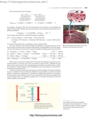 http://librosysolucionarios.net/
8.10 C A L O R E S E S T Á N D A R D E F O R M A C I Ó N 293
Para encontrar H° para la reacción
Se resta la suma de
los calores de formación
de estos reactivos…
a A + b B + . . . cC + dD + . . .
…de la suma de los
calores de formación
de estos productos.
⎧
⎨
⎩
⎧
⎨
⎩
ΔHreacción = [c ΔHf(C) + d ΔHf(D) + . . .] − [a ΔHf(A) + b ΔHf(B) + . . .]
Por ejemplo, calculemos H° para la fermentación de la glucosa con la finalidad de
obtener alcohol etílico (etanol), que es la reacción que ocurre durante la producción de las
bebidas alcohólicas.
Con los datos de la tabla 8.2, se obtiene el siguiente resultado:
La reacción de fermentación es exotérmica porque se liberan 82 kJ.
¿Por qué “funciona” este cálculo? Porque en realidad es una aplicación de la ley de
Hess. Es decir, la suma de las ecuaciones individuales correspondiente al calor de forma-
ción de cada sustancia en la reacción es igual al cambio de entalpía para la reacción total:
= -82 kJ
= (2 moles)(-277.7 kJ/mol) + (2 moles)(-393.5 kJ/mol) - (1 mol)(-1260 kJ/mol)
¢H° = [2 ¢H°f (Etanol) + 2 ¢H°f (CO2)] - [¢H°f (Glucosa)]
C6H12O6(s) ¡ 2 C2H5OH(l) + 2 CO2(g) ¢H° = ?
CH3CH2OH
CO2
C6H12O6
䉱 La fermentación del azúcar en las uvas
produce el alcohol etílico del vino.
Neto C6H12O6(s) ¡ 2 C2H5OH(l) + 2 CO2(g) ¢H° = -82 kJ
(3) 2 [C(s) + O2(g) ¡ CO2(g)] 2 [¢H°f = -393.5 kJ] = -787.0 kJ
(2) 2 [2 C(s) + 3 H2(g) + 12 O2(g) ¡ C2H5OH(l)] 2 [¢H°f = -277.7 kJ] = -555.4 kJ
(1) C6H12O6(s) ¡ 6 C(s) + 6 H2(g) + 3 O2(g) -¢H°f = +1260 kJ
Observe que la reacción (1) representa la formación de la glucosa a partir de sus ele-
mentos escritos a la inversa, por lo que se invierte el signo de H°f. También hay que
notar que las reacciones (2) y (3), que representan la formación de alcohol etílico y dióxi-
do de carbono, respectivamente, están multiplicadas por 2 para llegar a la ecuación ba-
lanceada para la reacción total.
Cuando se utilizan calores de formación para calcular entalpías de reacción estándar,
lo que en realidad se hace es referir las entalpías de los productos y reactivos al mismo
punto: sus elementos constituyentes. Al referir las entalpías del producto y los reactivos
al mismo punto, hacen referencia una a la otra; la diferencia entre ellas es la entalpía de la
reacción (figura 8.10). Los ejemplos resueltos 8.8 y 8.9 ilustran la manera de usar los
calores estándar de formación.
ΔH° (A B)
Para la reacción A B
ΔH°f(B)
ΔH°f(A)
H para el
reactivo A
H de los
elementos
H del producto B
Como la diferencia de calores de
formación hace referencia al mismo
punto (los elementos constituyentes),
hacen referencia uno al otro.
Entalpía
(H)
FIGURA 8.10
La entalpía de la reacción estándar,
H°, para la reacción general es
la diferencia entre los calores estándar
de formación del producto B y del
reactivo A.
A : B
www.FreeLibros.org
http://librosysolucionarios.net/
http://librosysolucionarios.net/
 