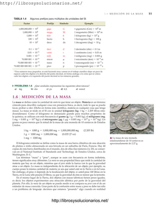 http://librosysolucionarios.net/
1.6 M E D I C I Ó N D E L A M A S A 11
TABLA 1.4 Algunos prefijos para múltiplos de unidades del SI
Factor Prefijo Símbolo Ejemplo
giga G 1 gigametro
mega M 1 megametro
kilo k 1 kilogramo
hecto h 1 hectogramo
deca da 1 decagramo
deci d 1 decímetro
centi c 1 centímetro
mili m 1 miligramo
micro 1 micrómetro
nano n 1 nanosegundo
pico p 1 picosegundo
Para números muy pequeños, se está haciendo muy común en el trabajo científico dejar un poco de
espacio cada tres dígitos a la derecha del punto decimal, en forma análoga a la coma que se coloca
cada tres dígitos a la izquierda del punto decimal en los números grandes.
*
(ps) = 10-12
s
*0.000 000 000 001 = 10-12
(ns) = 10-9
s
*0.000 000 001 = 10-9
(mm) = 10-6
m
m
*0.000 001 = 10-6
(mg) = 0.001 g
0.001 = 10-3
(cm) = 0.01 m
0.01 = 10-2
(dm) = 0.1 m
0.1 = 10-1
(dag) = 10 g
10 = 101
(hg) = 100 g
100 = 102
(kg) = 103
g
1,000 = 103
(Mm) = 106
m
1,000,000 = 106
(Gm) = 109
m
1,000,000,000 = 109
쑺 PROBLEMA 1.6 ¿Qué unidades representan las siguientes abreviaturas?
a) b) dm c) ps d) kA e) mmol
1.6 MEDICIÓN DE LA MASA
La masa se define como la cantidad de materia que tiene un objeto. Materia es un término
cómodo para describir cualquier cosa con presencia física, es decir, todo lo que se pueda
tocar, probar u oler. (Dicho en forma más científica, materia es cualquier cosa que tenga
masa). La masa se mide en el SI con la unidad kilogramo (kg; 1 kg  2.205 libras esta-
dounidenses). Como el kilogramo es demasiado grande para muchos propósitos de
la química, se utilizan con más frecuencia el gramo (g; 1 g  0.001 kg), el miligramo (mg;
1 mg  0.001 g  10-6
kg) y el microgramo (g; 1 g  0.001 mg  10-6
g  10-9
kg). Un
gramo es poco menos que la mitad de la masa de una moneda de 10 centavos de Estados
Unidos.
El kilogramo estándar se define como la masa de una barra cilíndrica de una aleación
de platino e iridio almacenada en una bóveda en un suburbio de París, Francia. Hay 40
copias de esta barra distribuidas en el mundo, dos de ellas (las números 4 y 20), se conser-
van en el National Institute of Standards and Technology de Estados Unidos, cerca de
Washington, D. C.
Los términos “masa” y “peso”, aunque se usan con frecuencia en forma indistinta,
tienen significados muy diferentes. La masa es una propiedad física que mide la cantidad de
materia que hay en un objeto, mientras que el peso mide la fuerza con la que la gravedad
atrae a un objeto. La masa es independiente de la ubicación de un objeto; por ejemplo, su
cuerpo posee la misma cantidad de materia ya sea que usted esté en la Tierra o en la Luna.
Sin embargo, el peso sí depende de la localización del objeto; si usted pesa 140 libras en la
Tierra, en la Luna sólo pesaría 23 libras, ya que la gravedad de ésta es menor que la terrestre.
En el mismo lugar de la Tierra, dos objetos con masas idénticas tienen pesos iguales,
es decir, los objetos experimentan una atracción idéntica por parte de la gravedad del
planeta. Por ello, la masa de un objeto se puede medir si se compara su peso con el de un
estándar de masa conocida. Gran parte de la confusión entre masa y peso se debe tan sólo
a un problema de lenguaje: decimos que estamos “pesando” algo cuando en realidad
1 mg = 1000 mg
1 g = 1000 mg = 1,000,000 mg (0.035 27 oz)
1 kg = 1000 g = 1,000,000 mg = 1,000,000,000 mg (2.205 lb)
mg
䉱 La masa de una moneda
estadounidense de 10 centavos es
aproximadamente de 2.27 g.
www.FreeLibros.org
http://librosysolucionarios.net/
http://librosysolucionarios.net/
 