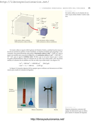 http://librosysolucionarios.net/
1.9 U N I D A D E S D E R I VA D A S : M E D I C I Ó N D E L V O L U M E N 15
1 m3
1 dm3
1 cm3
 1000 dm3
 1 L
 1000 cm3
 1 mL
1 m
1 dm
1 cm
1 cm
1 cm
1 cm3
1 dm
1 dm
1 m
1 m
Cada metro cúbico contiene
1000 decímetros cúbicos (litros).
Cada decímetro cúbico contiene
1000 centímetros cúbicos (mililitros).
1 m3 1 dm3
FIGURA 1.5
Un metro cúbico es el volumen de un
cubo cuyas aristas miden 1 metro cada
una.
Un metro cúbico es igual a 264.2 galones de Estados Unidos, cantidad mucho mayor a
las de uso normal en química. Como resultado, se emplean medidas más pequeñas y con-
venientes. Son particularmente adecuadas el decímetro cúbico (1 dm3
 0.001 m3
), que es
igual a la medida más conocida de litro (L), y el centímetro cúbico (1 cm3
 0.001 dm3

106
m3
), que es igual al mililitro (mL). El litro, que es un poco mayor que 1 cuarto
de galón estadounidense, tiene el volumen de un cubo cuya arista mide 1 dm. En forma
similar, el volumen de un mililitro es el de un cubo cuya arista mide 1 cm (figura 1.5).
La figura 1.6 muestra algunos de los equipos que se utilizan con frecuencia en el labo-
ratorio para medir el volumen de líquidos.
1 dm3
= 1 L = 1000 mL (1.057 qt)
1 m3
= 1000 dm3
= 1,000,000 cm3
(264.2 gal)
Probeta
graduada
Jeringa Matraz volumétrico Bureta
FIGURA 1.6
Algunos elementos comunes del
equipo de laboratorio que se utiliza
para medir el volumen de líquidos.
www.FreeLibros.org
http://librosysolucionarios.net/
http://librosysolucionarios.net/
 