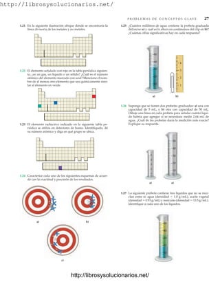 http://librosysolucionarios.net/
P R O B L E M A S D E C O N C E P T O S C L AV E 27
1.21 En la siguiente ilustración ubique dónde se encontraría la
línea divisoria de los metales y no metales.
1.24 Caracterice cada uno de los siguientes esquemas de acuer-
do con la exactitud y precisión de los resultados.
a) b)
c)
a) b)
4
3
2
1
10
20
30
40
50
1.22 El elemento señalado con rojo en la tabla periódica siguien-
te, ¿es un gas, un líquido o un sólido? ¿Cuál es el número
atómico del elemento marcado con azul? Mencione el nom-
bre de al menos otro elemento que sea químicamente simi-
lar al elemento en verde.
1.23 El elemento radiactivo indicado en la siguiente tabla pe-
riódica se utiliza en detectores de humo. Identifíquelo, dé
su número atómico y diga en qué grupo se ubica.
1.25 ¿Cuántos mililitros de agua contiene la probeta graduada
del inciso a) y cuál es la altura en centímetros del clip en b)?
¿Cuántas cifras significativas hay en cada respuesta?
a)
10
20
30
40
50
a)
1
2
3
4
5
10
20
30
40
50
1.26 Suponga que se tienen dos probetas graduadas: a) una con
capacidad de 5 mL, y b) otra con capacidad de 50 mL.
Dibuje una línea en cada probeta para señalar cuánto líqui-
do habría que agregar si se necesitara medir 2.64 mL de
agua. ¿Cuál de las probetas daría la medición más exacta?
Explique su respuesta.
1.27 La siguiente probeta contiene tres líquidos que no se mez-
clan entre sí: agua (densidad  1.0 g/mL), aceite vegetal
(densidad  0.93 g/mL) y mercurio (densidad  13.5 g/mL).
Identifique a cada uno de los líquidos.
www.FreeLibros.org
http://librosysolucionarios.net/
http://librosysolucionarios.net/
 