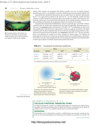 http://librosysolucionarios.net/
40 Captítulo 2 Átomos, moléculas y iones
lámina. Sólo cuando una partícula alfa positiva pasaba cerca de un núcleo positivo,
pequeño pero masivo, era repelida con fuerza suficiente para hacerla rebotar (figura 2.5).
Las mediciones modernas demuestran que un átomo tiene un diámetro aproximado
de 1010
m y que el de un núcleo es de cerca de 1015
m. No obstante, a partir de estos
números, es difícil imaginar lo pequeño que es en realidad un núcleo. Para fines de com-
paración, piense que si un átomo fuera del tamaño de un estadio techado, el núcleo ten-
dría el tamaño aproximado de un guisante situado en el centro de la cancha.
Experimentos adicionales de Rutherford y otros en el periodo que va de 1910 a 1930 de-
mostraron que un núcleo está compuesto de dos clases de partículas, llamadas protones y
neutrones. Los protones tienen una masa de 1.672 622 × 1024
g (alrededor de 1836 veces
más grande que la del electrón) y carga positiva. Como la carga de un protón es de signo
contrario, pero de igual magnitud que la de un electrón, los números de protones y elec-
trones en un átomo neutro son iguales. Los neutrones (1.674 927 × 1024
g) son casi idén-
ticos a los protones en cuanto a su masa, aunque no tienen carga, y el número de
neutrones en un núcleo no se relaciona de manera directa con el de protones y electrones.
En la tabla 2.1 se hace una comparación de las tres partículas subatómicas fundamentales,
en tanto que la figura 2.6 brinda el panorama general del átomo.
䉱 El tamaño relativo del núcleo con
respecto al del átomo es aproximada-
mente el mismo que el de un guisante
con respecto a este enorme estadio.
TABLA 2.1 Comparación de partículas subatómicas
Masa Carga
Partícula gramos uma* coulombs e
Electrón
Protón 1.007276
Neutrón 1.008665 0 0
* La unidad de masa atómica (uma) se define en la sección 2.6.
1.674 927 * 10-24
+1
+1.602 176 * 10-19
1.672 622 * 10-24
-1
-1.602 176 * 10-19
5.485 799 * 10-4
9.109 382 * 10-28
Aproximadamente
10−15 m
Neutrón
(sin carga)
Aproximadamente
10−10 m
Volumen ocupado por los
electrones cargados negativamente
Protón
(carga positiva)
Los protones y los neutrones del núcleo ocupan
muy poco volumen, pero contienen en esencia
toda la masa del átomo.
Un número de electrones igual al
número de protones se mueve
alrededor del núcleo y determina la
mayor parte del volumen del átomo.
FIGURA 2.6
Panorama del átomo.
E J E M P L O R E S U E L T O 2 . 2
CÁLCULOS A PARTIR DEL TAMAÑO DEL ÁTOMO
Los lápices comunes de “plomo” en realidad están hechos de una forma de carbono llama-
da grafito. Si la línea de un lápiz tiene un ancho de 0.35 mm, y el diámetro de un átomo de
carbono es de 1.5 × 1010
m, ¿cuántos átomos hay en el ancho de la línea?
ESTRATEGIA
Comencemos con la información conocida y establezcamos una ecuación usando los fac-
tores de conversión apropiados, de manera que las unidades no deseadas se cancelen. En
continúa en la siguiente página
www.FreeLibros.org
.
http://librosysolucionarios.net/
http://librosysolucionarios.net/
 