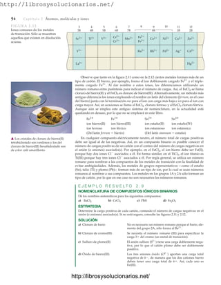 http://librosysolucionarios.net/
54 Captítulo 2 Átomos, moléculas y iones
Observe que tanto en la figura 2.11 como en la 2.12 ciertos metales forman más de un
tipo de catión. El hierro, por ejemplo, forma el ion doblemente cargado Fe2⫹
y el triple-
mente cargado Fe3⫹
. Al dar nombre a estos iones, los diferenciamos utilizando un
número romano entre paréntesis para indicar el número de cargas. Así, el FeCl2 se llama
cloruro de hierro(II) y el FeCl3 es cloruro de hierro(III). Alternativamente, un método más
antiguo diferencia los iones empleando el nombre en latín del elemento (ferrum, en el caso
del hierro) junto con la terminación oso para el ion con carga más baja e ico para el ion con
carga mayor. Así, en ocasiones se llama al FeCl2, cloruro ferroso y al FeCl3 cloruro férrico.
Aunque aún se emplea este antiguo sistema de nomenclatura, en la actualidad está
quedando en desuso, por lo que no se empleará en este libro.
ion hierro(II) ion hierro(III) ion estaño(II) ion estaño(IV)
ion ferroso ion férrico ion estannoso ion estánnico
(Del latín ferrum ⫽ hierro) (Del latín stannum ⫽ estaño)
En cualquier compuesto eléctricamente neutro, el número total de cargas positivas
debe ser igual al de las negativas. Así, en un compuesto binario es posible conocer el
número de cargas positivas de un catión con el conteo del número de cargas negativas en
el anión (o aniones) asociado(s). Por ejemplo, en el FeCl2, el ion hierro debe ser Fe(II),
porque hay dos iones Cl⫺
asociados a él. En forma similar, en el TiCl3, el ion titanio es
Ti(III) porque hay tres iones Cl⫺
asociados a él. Por regla general, se utiliza un número
romano para nombrar a los compuestos de los metales de transición con la finalidad de
evitar ambigüedades. Además, los metales de grupos representativos — como el estaño
(Sn), talio (Tl) y plomo (Pb)— forman más de un tipo de ion, por lo cual se usan números
romanos al nombrar a sus compuestos. Los metales en los grupos 1A y 2A sólo forman un
tipo de catión, por lo que en ese caso no son necesarios los números romanos.
E J E M P L O R E S U E L T O 2 . 9
NOMENCLATURA DE COMPUESTOS IÓNICOS BINARIOS
Dé los nombres sistemáticos para los siguientes compuestos:
a) b) c) PbS d)
ESTRATEGIA
Determine la carga positiva de cada catión, contando el número de cargas negativas en el
anión (o aniones) asociado(s). Si no está seguro, consulte las figuras 2.11 y 2.12.
SOLUCIÓN
a) Cloruro de bario No es necesario un número romano porque el bario, ele-
mento del grupo 2A, sólo forma al Ba2⫹
.
b) Cloruro de cromo(III) Se necesita el número romano (III) para especificar la
carga 3⫹ del cromo (un metal de transición).
c) Sulfuro de plomo(II) El anión sulfuro (S2⫺
) tiene una carga doblemente nega-
tiva, por lo que el catión plomo debe ser doblemente
positivo.
d) Óxido de hierro(III) Los tres aniones óxido (O2⫺
) aportan una carga total
negativa de 6⫺, de manera que los dos cationes hierro
deben tener una carga total de 6⫹. Así, cada uno es
Fe(III).
Fe2O3
CrCl3
BaCl2
Sn4
Sn2
Fe3
Fe2
3
3B
4
4B
5
5B
6
6B
7
7B
11
1B
12
2B
9
8B
Sc3⫹
Y3⫹
La3⫹
Ti3⫹ V3⫹ Mn2⫹
Ru3⫹ Rh3⫹
Co2⫹
Pd2⫹
Ni2⫹
Ag⫹
Cu2⫹
8
Cr2⫹
Cr3⫹
Fe2⫹
Fe3⫹
10
Cd2⫹
Zn2⫹
Hg2⫹
FIGURA 2.12
Iones comunes de los metales
de transición. Sólo se muestran
aquellos que existen en disolución
acuosa.
䉱 Los cristales de cloruro de hierro(II)
tetrahidratado son verdosos y los del
cloruro de hierro(III) hexahidratado son
de color café amarillento.
www.FreeLibros.org
http://librosysolucionarios.net/
http://librosysolucionarios.net/
 
