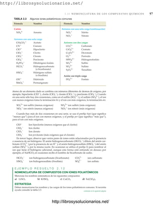 http://librosysolucionarios.net/
2.10 N O M E N C L AT U R A D E L O S C O M P U E S T O S Q U Í M I C O S 57
TABLA 2.3 Algunos iones poliatómicos comunes
Fórmula Nombre Fórmula Nombre
Catión Aniones con una sola carga (continuación)
Amonio Nitrito
Nitrato
Aniones con una sola carga
Acetato Aniones con dos cargas
Cianuro Carbonato
Hipoclorito Cromato
Clorito Dicromato
Clorato Peróxido
Perclorato Hidrogenofosfato
Dihidrógeno-fosfato Sulfito
Hidrogenocarbonato Sulfato
(o bicarbonato) Tiosulfato
Hidrógeno sulfato
(o bisulfato) Anión con triple carga
Hidróxido Fosfato
Permanganato
MnO4

PO4
3
OH
HSO4

S2O3
2
SO4
2
HCO3

SO3
2
H2PO4

HPO4
2
ClO4

O2
2
ClO3

Cr2O7
2
ClO2

CrO4
2
ClO
CO3
2
CN
CH3CO2

NO3

NO2

NH4

átomo de un elemento dado se combina con números diferentes de átomos de oxígeno, por
ejemplo, hipoclorito (ClO⫺
), clorito (ClO2
⫺
), clorato (ClO3
⫺
) y perclorato (ClO4
⫺
). Cuando
en una serie sólo hay dos oxianiones, como en el sulfito (SO3
2⫺
) y el sulfato (SO4
2⫺
), el ion
con menos oxígenos toma la terminación ito y el ion con más oxígenos, la terminación ato.
ion sulfito (menos oxígenos) ion sulfato (más oxígenos)
ion nitrito (menos oxígenos) ion nitrato (más oxígenos)
Cuando hay más de dos oxianiones en una serie, se usa el prefijo hipo (que significa
“menos que”) para el ion con menos oxígenos, y el prefijo per (que significa “más que”),
para el ion con más oxígenos.
ClO⫺
Ion hipoclorito (menos oxígenos que el clorito)
ClO2
⫺
Ion clorito
ClO3
⫺
Ion clorato
ClO4
⫺
Ion perclorato (más oxígenos que el clorato)
En tercer lugar, observe que varios pares de iones están relacionados por la presencia
o ausencia de un hidrógeno. El anión hidrogenocarbonato (HCO3
⫺
) difiere del anión car-
bonato (CO3
2⫺
) por la presencia de un H⫹
y el anión hidrogenosulfato (HSO4
⫺
) del anión
sulfato (SO4
2⫺
), por la misma razón. En ocasiones se utiliza el prefijo bi para nombrar al
ion que tiene el hidrógeno adicional, aunque esta forma está entrando en desuso; por
ejemplo, el NaHCO3 en ocasiones recibe el nombre de bicarbonato de sodio.
HCO3
⫺
ion hidrogenocarbonato (bicarbonato) CO3
2⫺
ion carbonato
HSO4
⫺
ion hidrogenosulfato (bisulfato) SO4
2⫺
ion sulfato
E J E M P L O R E S U E L T O 2 . 1 2
NOMENCLATURA DE COMPUESTOS CON IONES POLIATÓMICOS
Mencione los nombres sistemáticos de los siguientes compuestos:
a) LiNO3 b) KHSO4 c) CuCO3 d) Fe(ClO4)3
ESTRATEGIA
Deben memorizarse los nombres y las cargas de los iones poliatómicos comunes. Si necesita
ayuda consulte la tabla 2.3.
NO3

NO2

SO4
2
SO3
2
continúa en la siguiente página
www.FreeLibros.org
http://librosysolucionarios.net/
http://librosysolucionarios.net/
 