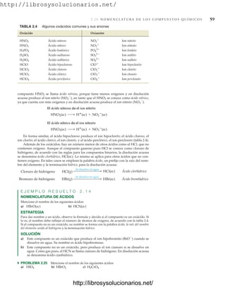 http://librosysolucionarios.net/
2.10 N O M E N C L AT U R A D E L O S C O M P U E S T O S Q U Í M I C O S 59
TABLA 2.4 Algunos oxiácidos comunes y sus aniones
Oxiácido Oxianión
Ácido nitroso Ion nitrito
Ácido nítrico Ion nitrato
Ácido fosfórico Ion fosfato
Ácido sulfuroso Ion sulfito
Ácido sulfúrico Ion sulfato
HClO Ácido hipocloroso Ion hipoclorito
Ácido cloroso Ion clorito
Ácido clórico Ion clorato
Ácido perclórico Ion perclorato
ClO4

HClO4
ClO3

HClO3
ClO2

HClO2
ClO
SO4
2
H2SO4
SO3
2
H2SO3
PO4
3
H3PO4
NO3

HNO3
NO2

HNO2
compuesto HNO2 se llama ácido nitroso, porque tiene menos oxígenos y en disolución
acuosa produce el ion nitrito (NO2
⫺
), en tanto que el HNO3 se conoce como ácido nítrico,
ya que cuenta con más oxígenos y en disolución acuosa produce el ion nitrato (NO3
⫺
).
El ácido nitroso da el ion nitrito
El ácido nítrico da el ion nitrato
En forma similar, el ácido hipocloroso produce el ion hipoclorito; el ácido cloroso, el
ion clorito; el ácido clórico, el ion clorato, y el ácido perclórico, el ion perclorato (tabla 2.4).
Además de los oxiácidos, hay un número menor de otros ácidos como el HCl, que no
contienen oxígeno. Aunque el compuesto gaseoso puro HCl se conoce como cloruro de
hidrógeno, de acuerdo con las reglas para los compuestos binarios, la disolución acuosa
se denomina ácido clorhídrico, HCl(ac). Lo mismo se aplica para otros ácidos que no con-
tienen oxígeno. En tales casos se emplean la palabra ácido, un prefijo con la raíz del nom-
bre del elemento y la terminación hídrico, para la disolución acuosa.
E J E M P L O R E S U E L T O 2 . 1 4
NOMENCLATURA DE ÁCIDOS
Mencione el nombre de los siguientes ácidos:
a) HBrO(ac) b) HCN(ac)
ESTRATEGIA
Para dar nombre a un ácido, observe la fórmula y decida si el compuesto es un oxiácido. Si
lo es, el nombre debe reflejar el número de átomos de oxígeno, de acuerdo con la tabla 2.4.
Si el compuesto no es un oxiácido, su nombre se forma con la palabra ácido, la raíz del nombre
del elemento unido al hidrógeno y la terminación hídrico.
SOLUCIÓN
a) Este compuesto es un oxiácido que produce el ion hipobromito (BrO⫺
) cuando se
disuelve en agua. Su nombre es ácido hipobromoso.
b) Este compuesto no es un oxiácido, pero produce el ion cianuro si se disuelve en
agua. Como gas puro, el HCN se llama cianuro de hidrógeno. En disolución acuosa
se denomina ácido cianhídrico.
쑺 PROBLEMA 2.25 Mencione el nombre de los siguientes ácidos:
a) b) c) H2CrO4
HBrO2
HIO4
Bromuro de hidrógeno HBr(g)
Se disuelve en agua  HBr(ac) Ácido bromhídrico
Cloruro de hidrógeno HCl(g)
Se disuelve en agua  HCl(ac) Ácido clorhídrico
HNO3(ac) ¡ H
(ac) + NO3

(ac)
HNO2(ac) ¡ H
(ac) + NO2

(ac)
www.FreeLibros.org
http://librosysolucionarios.net/
http://librosysolucionarios.net/
 