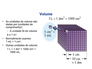 Volume As unidades de volume são dadas por (unidades de comprimento) 3 . A unidade SI de volume  é o 1 m 3 . Normalmente usamos  1 mL = 1 cm 3 . Outras unidades de volume: 1 L = 1 dm 3  = 1000 cm 3  = 1000 mL. 