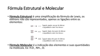 Fórmula Estrutural e Molecular
• Fórmula Estrutural é uma simplificação da fórmula de Lewis, os
elétrons não são representados, apenas as ligações entre os
elementos:
• Fórmula Molecular é a indicação dos elementos e suas quantidades
na molécula. Ex: H2O , NH3 , O2
 