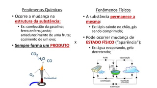 Fenômenos Químicos
• Ocorre a mudança na
estrutura da substância:
• Ex: combustão da gasolina;
ferro enferrujando;
amadurecimento de uma fruta;
cozimento de um ovo;
• Sempre forma um PRODUTO
Fenômenos Físicos
• A substância permanece a
mesma:
• Ex: lápis caindo no chão, gás
sendo comprimido;
• Pode ocorrer mudança de
ESTADO FÍSICO (“aparência”):
• Ex: água evaporando, gelo
derretendo;
X
 