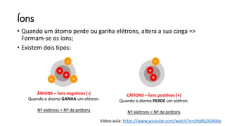 Íons
• Quando um átomo perde ou ganha elétrons, altera a sua carga =>
Formam-se os íons;
• Existem dois tipos:
ÂNIONS – Íons negativos (-)
Quando o átomo GANHA um elétron.
Nº elétrons > Nº de prótons
CÁTIONS – Íons positivos (+)
Quando o átomo PERDE um elétron.
Nº elétrons < Nº de prótons
Video-aula: https://www.youtube.com/watch?v=qVqKb2GWJ6o
 