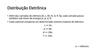 Distribuição Eletrônica
• Além das camadas de elétrons (K, L, M, N, O, P, Q), cada camada possui
também sub-níveis de energia (s, p, d, f)
• Cada subnível comporta um determinado número máximo de elétrons:
s => 2e-
p => 6e-
d => 10e-
f => 14e-
e- = elétrons
 