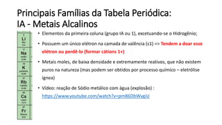 Principais Famílias da Tabela Periódica:
IA - Metais Alcalinos
• Elementos da primeira coluna (grupo IA ou 1), excetuando-se o Hidrogênio;
• Possuem um único elétron na camada de valência (s1) => Tendem a doar esse
elétron ou perdê-lo (formar cátions 1+)
• Metais moles, de baixa densidade e extremamente reativos, que não existem
puros na natureza (mas podem ser obtidos por processo químico – eletrólise
ígnea)
• Vídeo: reação de Sódio metálico com água (explosão) :
https://www.youtube.com/watch?v=pm86DbWvgiU
 