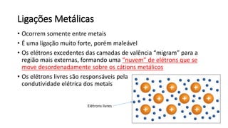 Ligações Metálicas
• Ocorrem somente entre metais
• É uma ligação muito forte, porém maleável
• Os elétrons excedentes das camadas de valência “migram” para a
região mais externas, formando uma “nuvem” de elétrons que se
move desordenadamente sobre os cátions metálicos
• Os elétrons livres são responsáveis pela
condutividade elétrica dos metais
Elétrons livres
 
