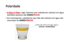 Polaridade
• A Água é Polar, logo, dizemos que substâncias solúveis em água
(também polares) são HIDROFÍLICAS
• Em contraponto, substâncias que não são solúveis em água são
chamadas de HIDROFÓBICAS
O óleo não mistura em água, logo, é
APOLAR e HIDROFÓBICO
 