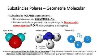 Substâncias Polares – Geometria Molecular
• Substâncias POLARES apresentam:
• Geometria molecular ASSIMÉTRICA e/ou
• Concentração de carga em virtude da presença de átomos muito
eletronegativos: F O N (Flúor, Oxigênio e Nitrogênio)
Água (H2O): Amônia (NH3):
Note que os átomos não estão dispostos em linha reta! O ângulo nessas moléculas é causado pela presença de
elementos muito eletronegativos (Oxigênio e Nitrogênio), que “puxam” todos os elétrons livres para sí
Ozônio (O3):
 