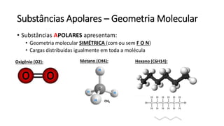 Substâncias Apolares – Geometria Molecular
• Substâncias APOLARES apresentam:
• Geometria molecular SIMÉTRICA (com ou sem F O N)
• Cargas distribuídas igualmente em toda a molécula
Oxigênio (O2): Metano (CH4): Hexano (C6H14):
 
