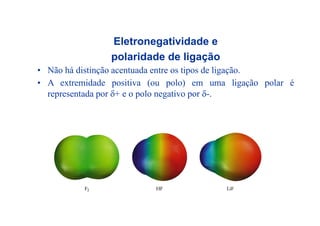 Eletronegatividade e
polaridade de ligaçãop g ç
• Não há distinção acentuada entre os tipos de ligação.
• A extremidade positiva (ou polo) em uma ligação polar ép ( p ) g ç p
representada por δ+ e o polo negativo por δ-.
 