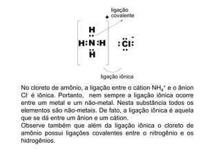 No cloreto de amônio, a ligação entre o cátion NH4
+ e o ânion
Cl- é iônica Portanto nem sempre a ligação iônica ocorreCl é iônica. Portanto, nem sempre a ligação iônica ocorre
entre um metal e um não-metal. Nesta substância todos os
elementos são não-metais. De fato, a ligação iônica é aquelag ç q
que se dá entre um ânion e um cátion.
Observe também que além da ligação iônica o cloreto de
ô i i li õ l t t it ê iamônio possui ligações covalentes entre o nitrogênio e os
hidrogênios.
 