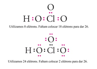 Utilizamos 8 elétrons Faltam colocar 18 elétrons para dar 26Utilizamos 8 elétrons. Faltam colocar 18 elétrons para dar 26.
Utilizamos 24 elétrons. Faltam colocar 2 elétrons para dar 26.
 